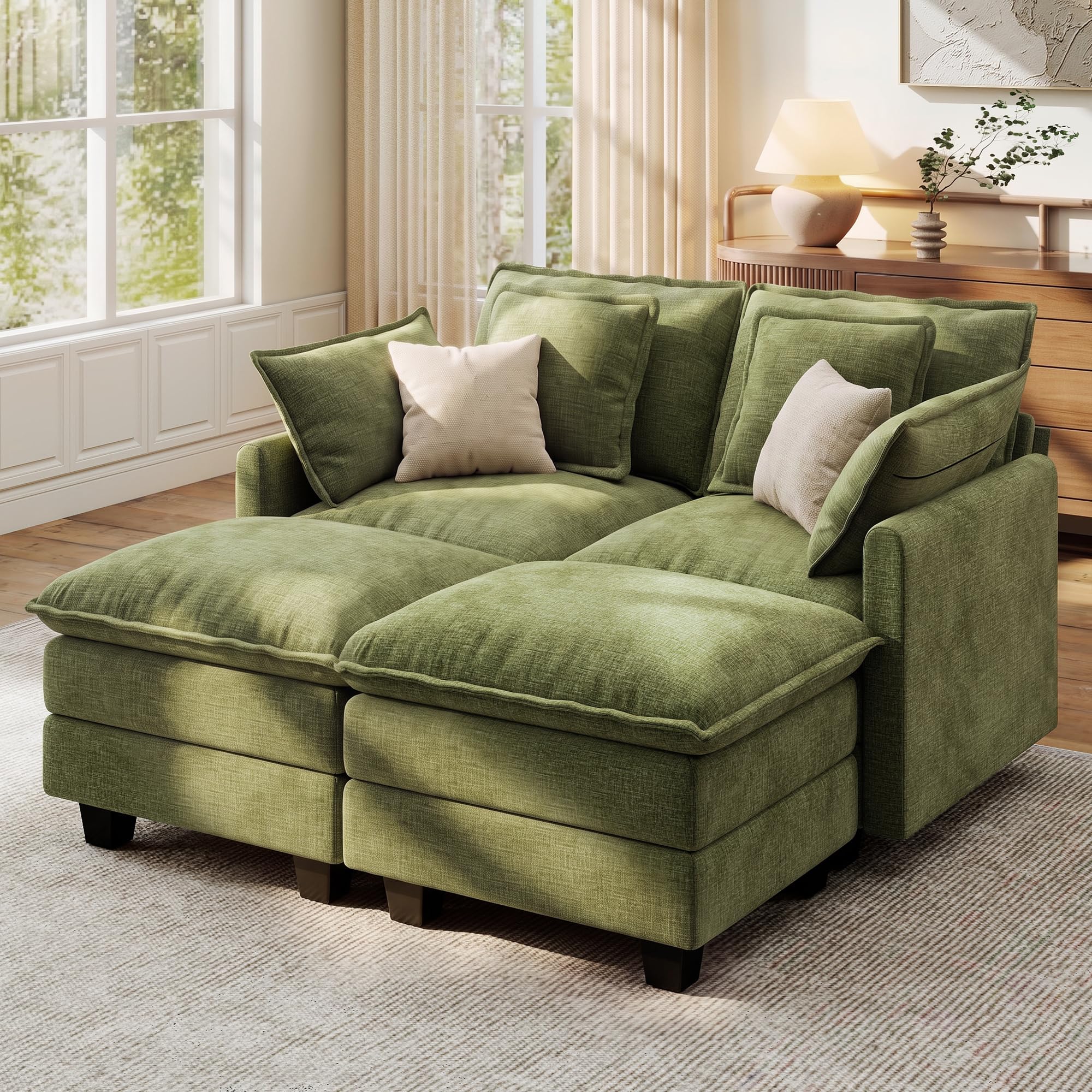 Ihanherry 57" Modular Sectional Cloud Sofa, Convertible Sofa Bed 4 Seat Chenille Couch with Movable Ottomans and 48" Deep Seat, Couches for Living Room, Green
