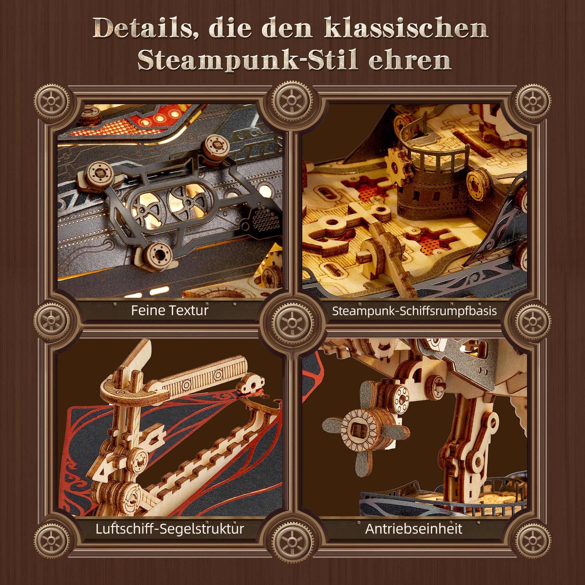 FUNPOLA LED 3D Holzpuzzle fur Erwachsene Luftschiffmodell - Steampunk DIY Bastelset mit LED-Leuchten - Holz Luftschiffmodell-Bausatz für und Erwachsene (Grau)