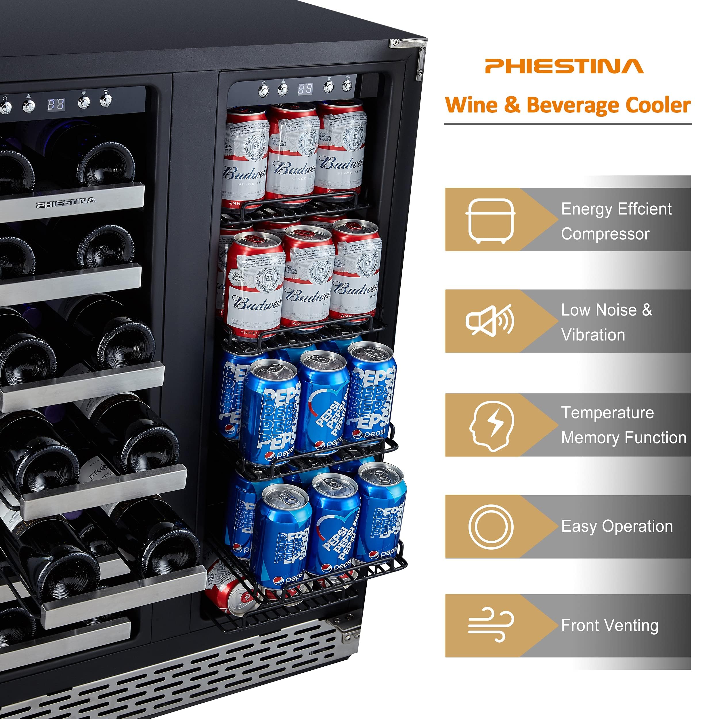 Phiestina Beverage Refrigerator, 24 Inch Wine And Beverage Fridge, Under Counter Wine Cooler- 20 Bottles & 78 Cans, Built-In/Freestanding Dual Zone With Glass Door on Fridge.com - View 5