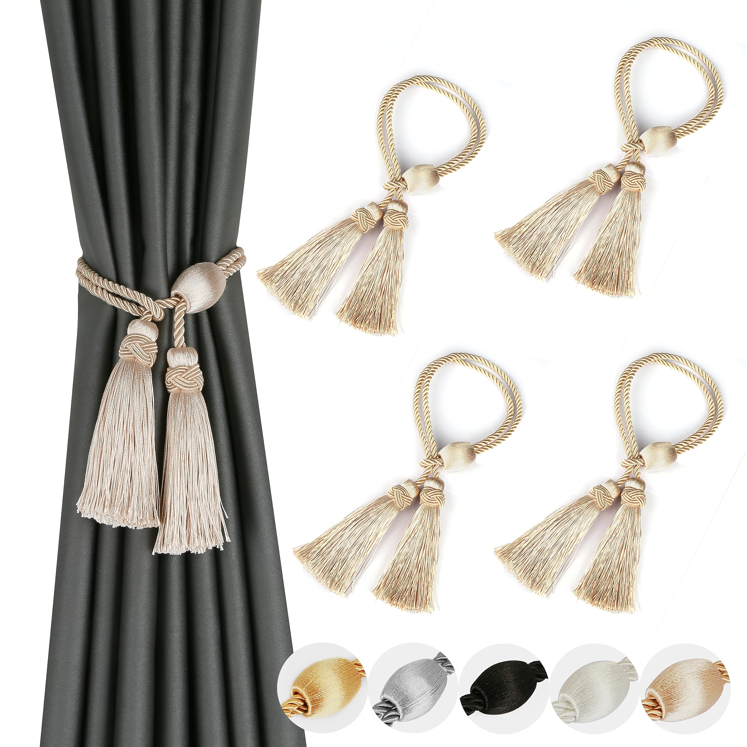 Tassel Curtain Tiebacks， Curtain Tiebacks Braided Rope With Tassel Multicolor 4 Pack(Beige)