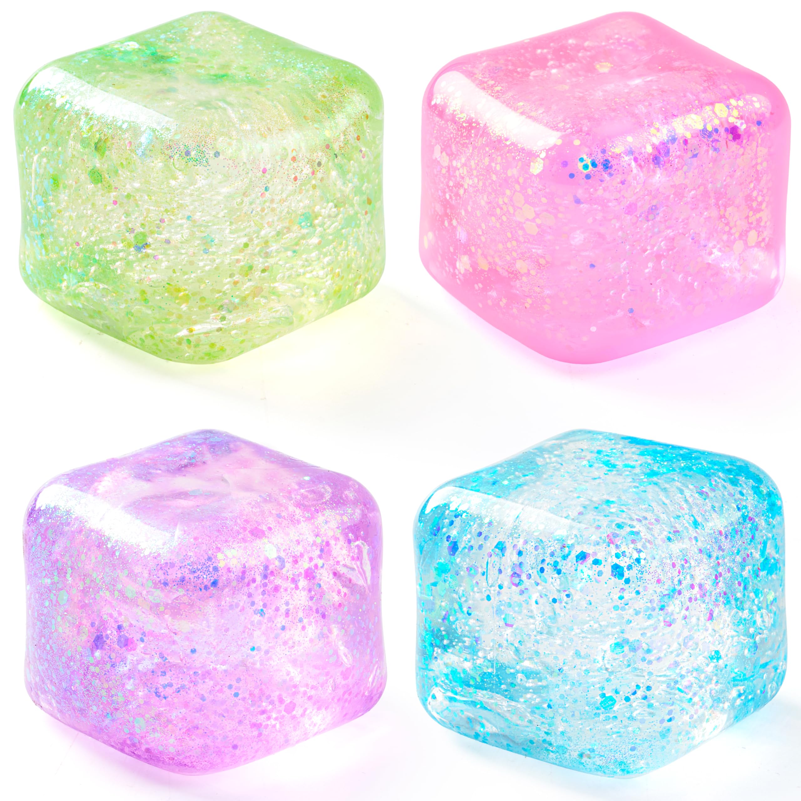 Joyin 4 Pack Glittering Stress Cube, 2''/ 5cm High Density Cube Toy, Slow Rising Sensory Squishy Toys for Adults, Party Favors, Classroom Prizes (Blue/Purple/Pink/Green)