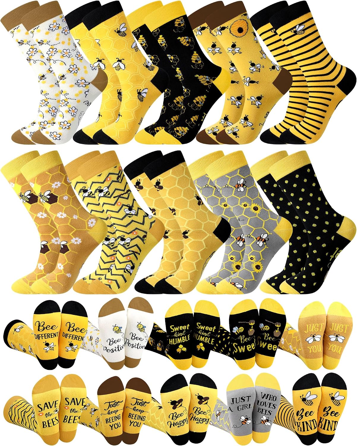 10 Pairs Women Funny Bee Socks Novelty Cute Bee Patterned Crew Socks Gift for Honeybee Lover Birthday Holidays