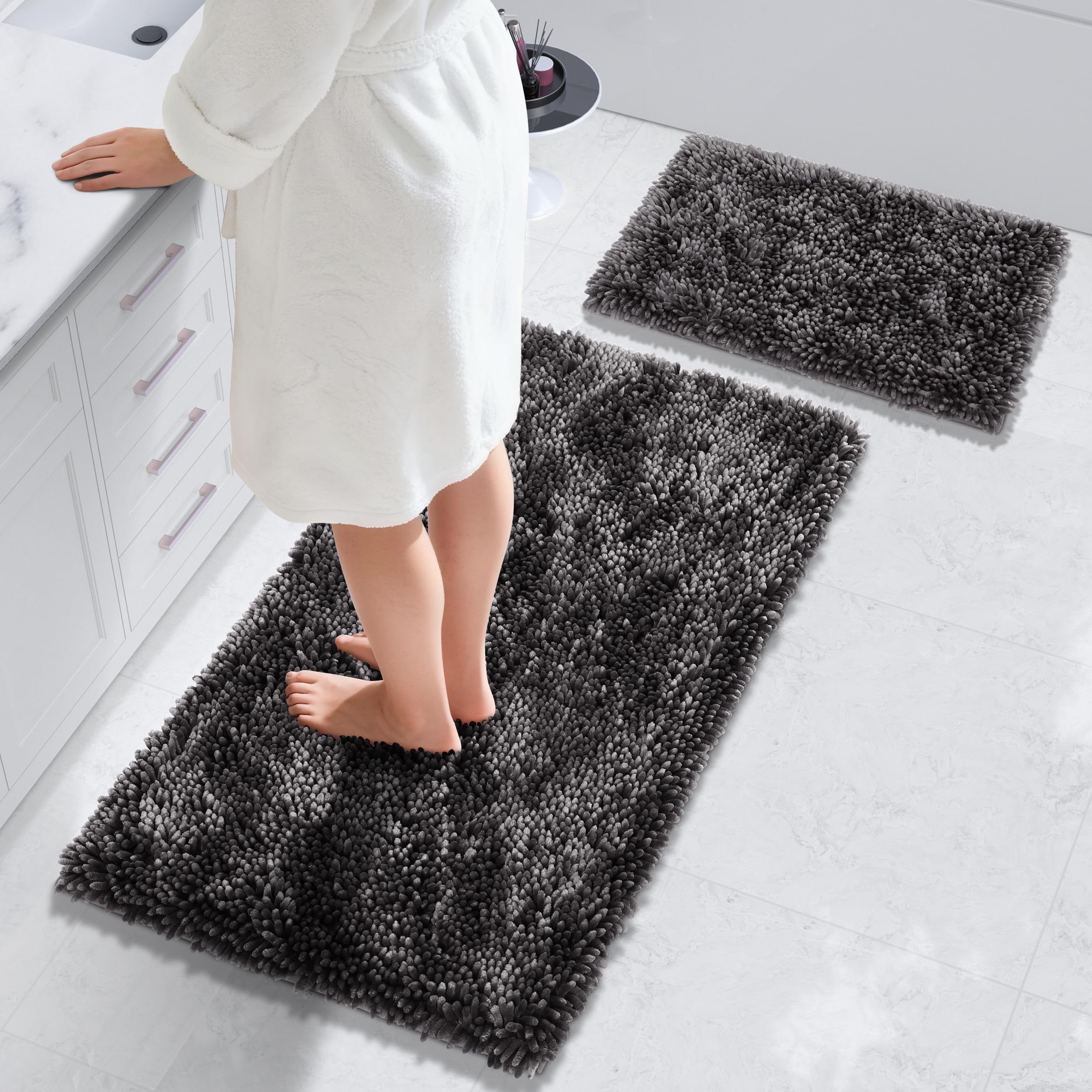 Yimobra Bathroom Rug Set 2 Piece, Luxury Shaggy Bath Mat Set with Non Slip Backing, Ultra Soft & Absorbent Mats for Bathroom Floor, Machine Washable,