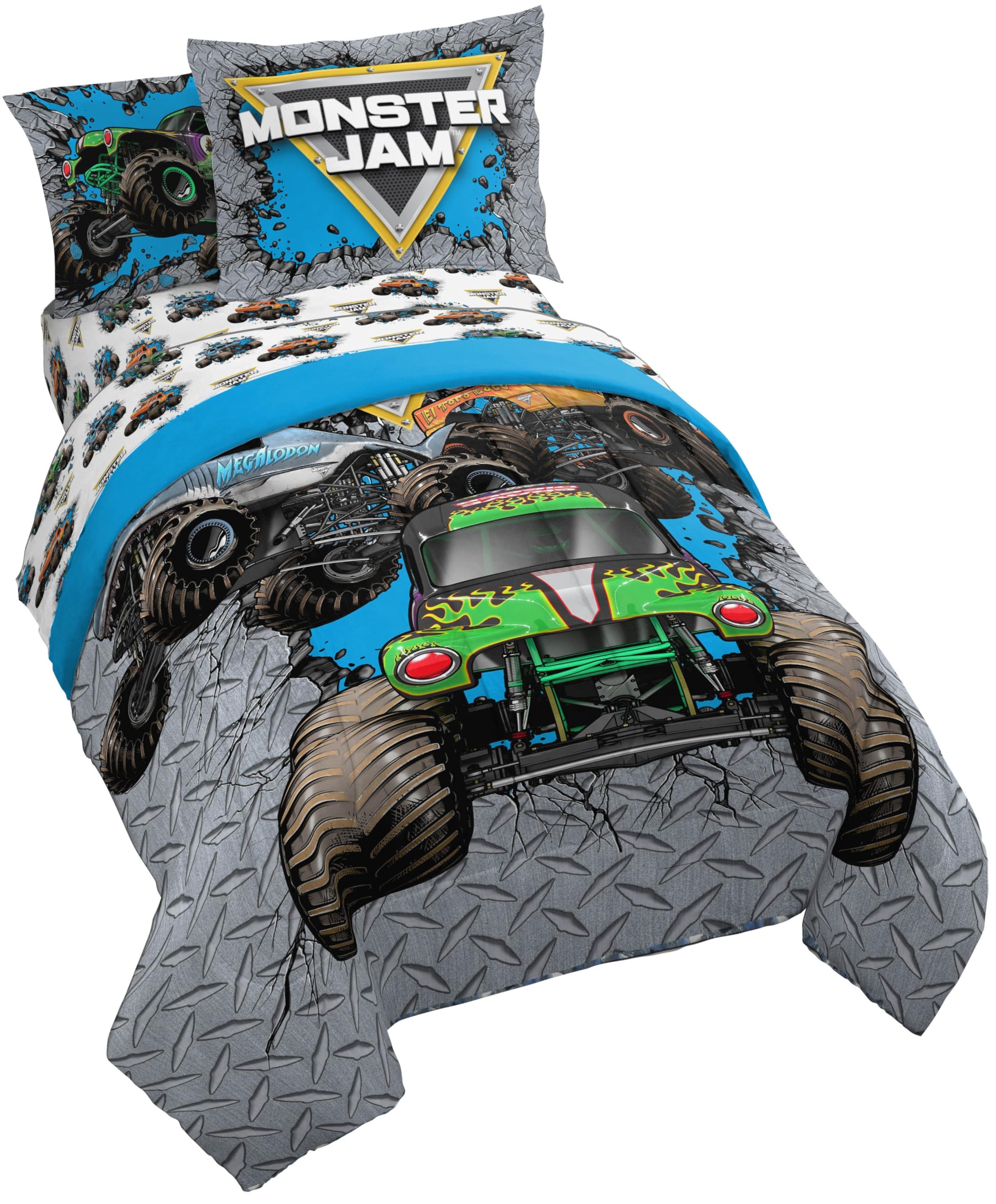 Jay Franco Kids Comforter Set Includes Sheets and Pillow Covers - Soft and Cozy Bed Set for Stylish Room Decor, Gray - Monster Jam 01, 5 Piece Twin Size Bedding