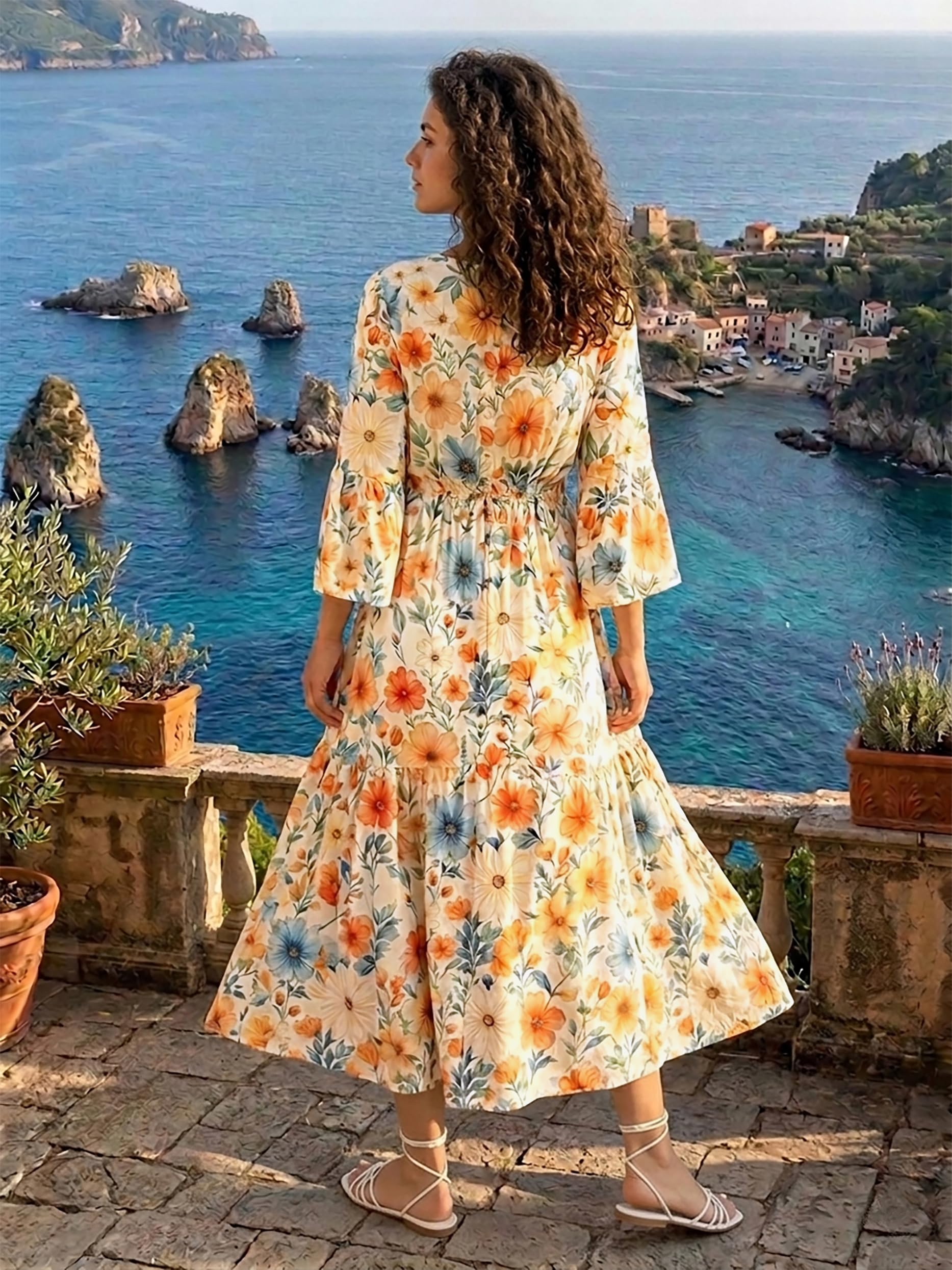 Damen Midi-Kleid Viskose, Elegantes Kleid mit Blumendruck, 3/4 Arm