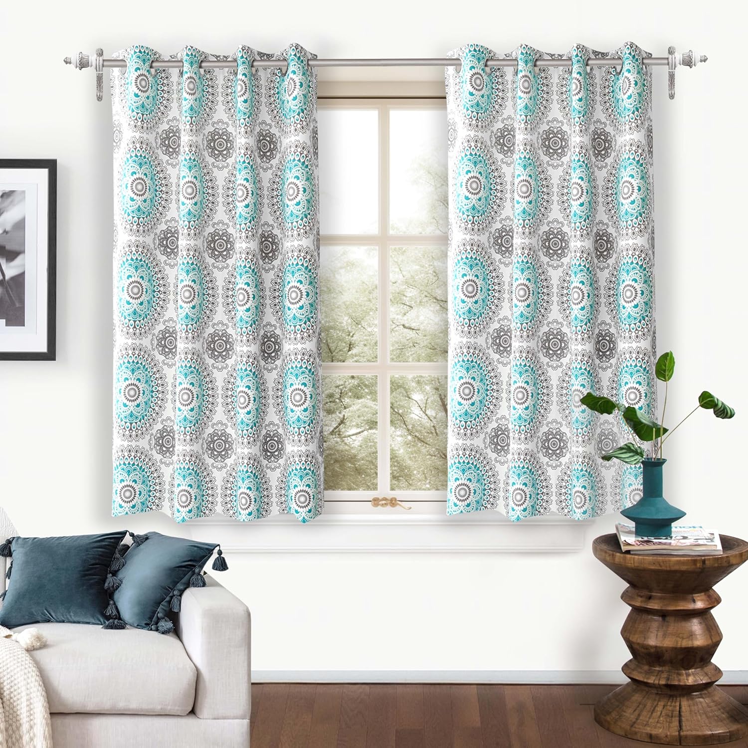 Gray and Aqua Medallion Room-Darkening Polyester Window Panels