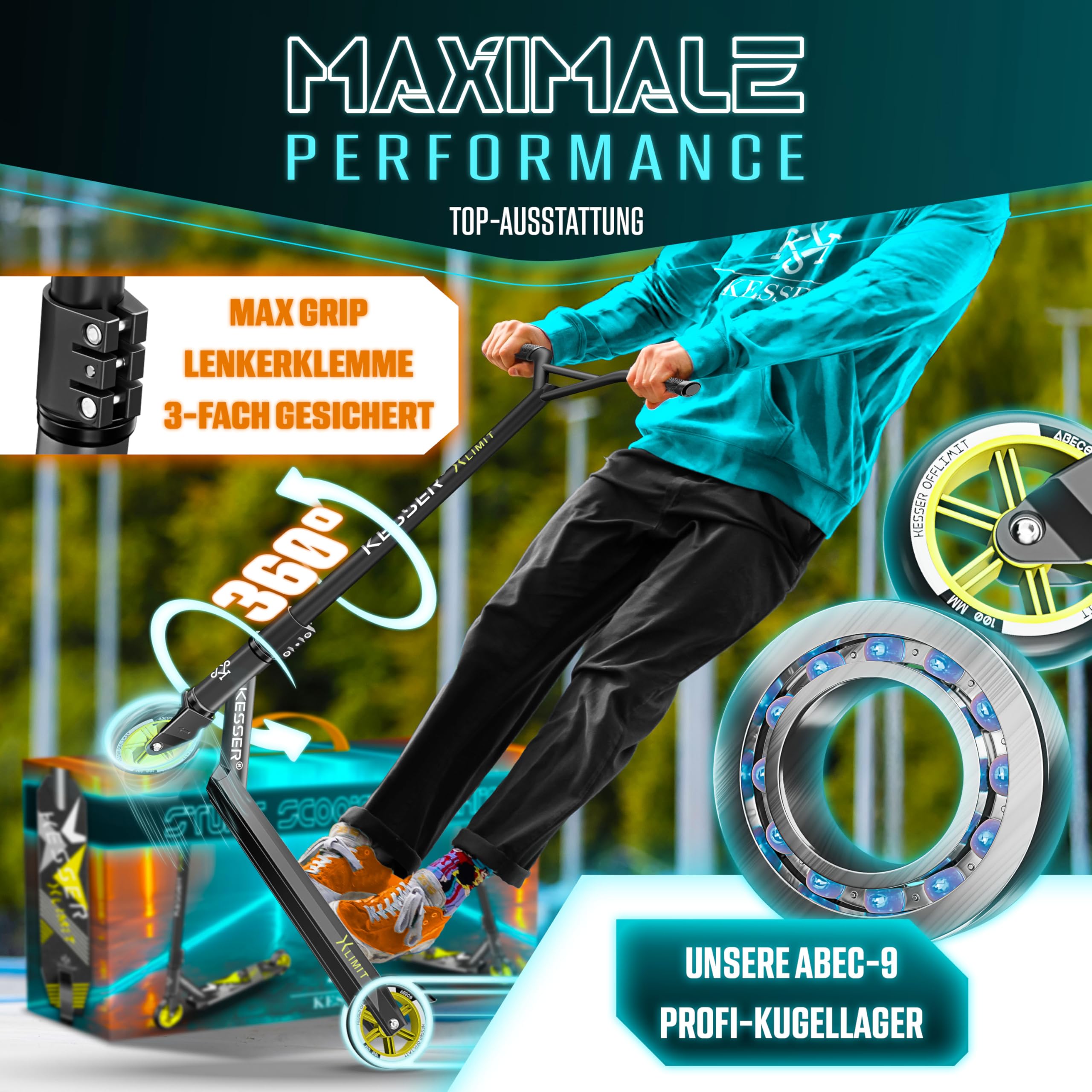 KESSER® Trottinette Freestyle | Trottinette Freestyle X-Limit | Direction à 360° | Roulements à Billes ABEC 9 de 100 mm | Roues en polyuréthane | Robuste | Anthracite