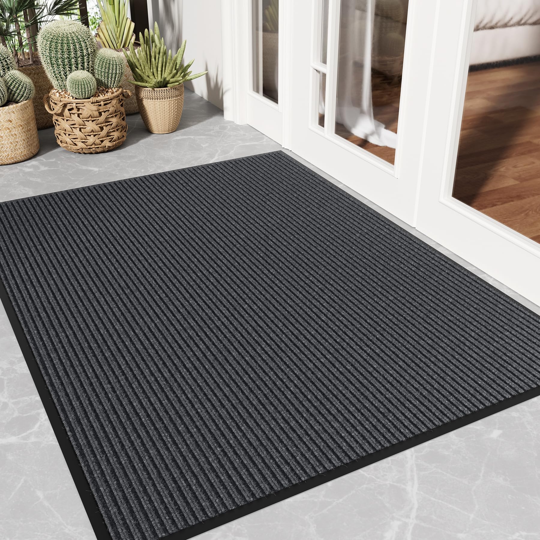Photo 1 of **similar, may not be exact same door mat** EZ2LIVE Front Door Mat Outside Entrance, 3' x 4' Low Profile Non-Slip Welcome Mat, Heavy Duty Dirt Trapper Dog Door Mats for Wet Shoes & Paws, Absorbent Commercial Floor Mat for Entryway Patios, Grey