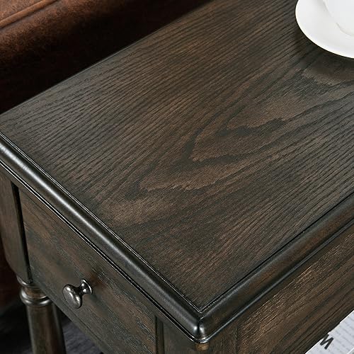 Miniatura 9 de MODERION Mesa auxiliar estrecha de madera maciza con cajón, estantes de almacenamiento laterales para sofá, mesita de noche delgada, teléfono para