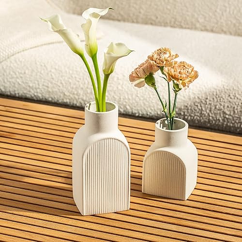 Miniatura 3 de Ceramic Ribbed Vases - 2 Piece Set, Small and Large Vase, Bottle Flower Planter Set. Scandi Style Home Decor. Neutral Cream Home Decor, Coastal