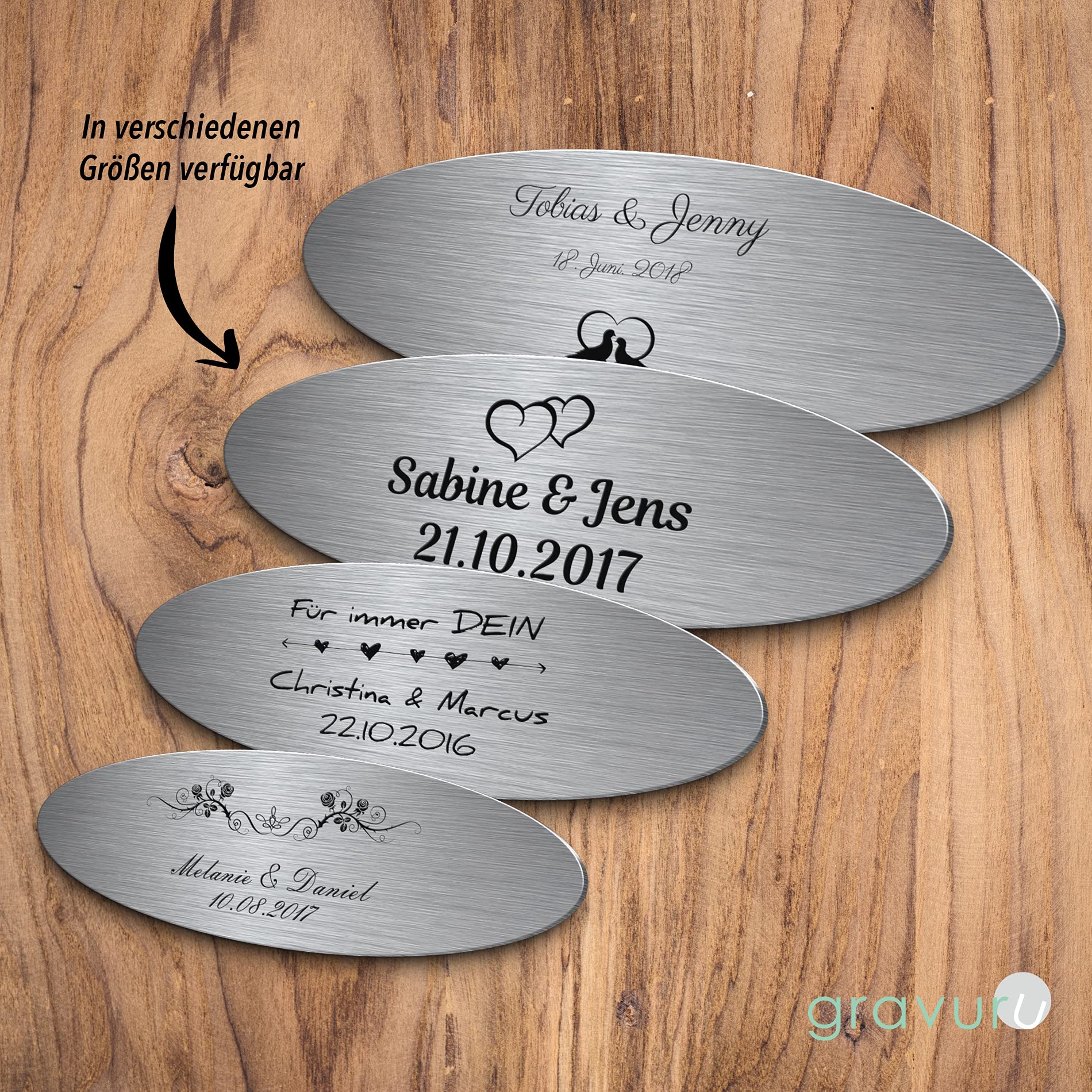 Hochzeitsschild aus Edelstahl oval mit Namen oder Spruch & Herzchen | Wetterfest & viele Motive zB für Hochzeitsbank | Goldene Hochzeit Geschenke zur Silberhochzeit Hochzeitsdeko