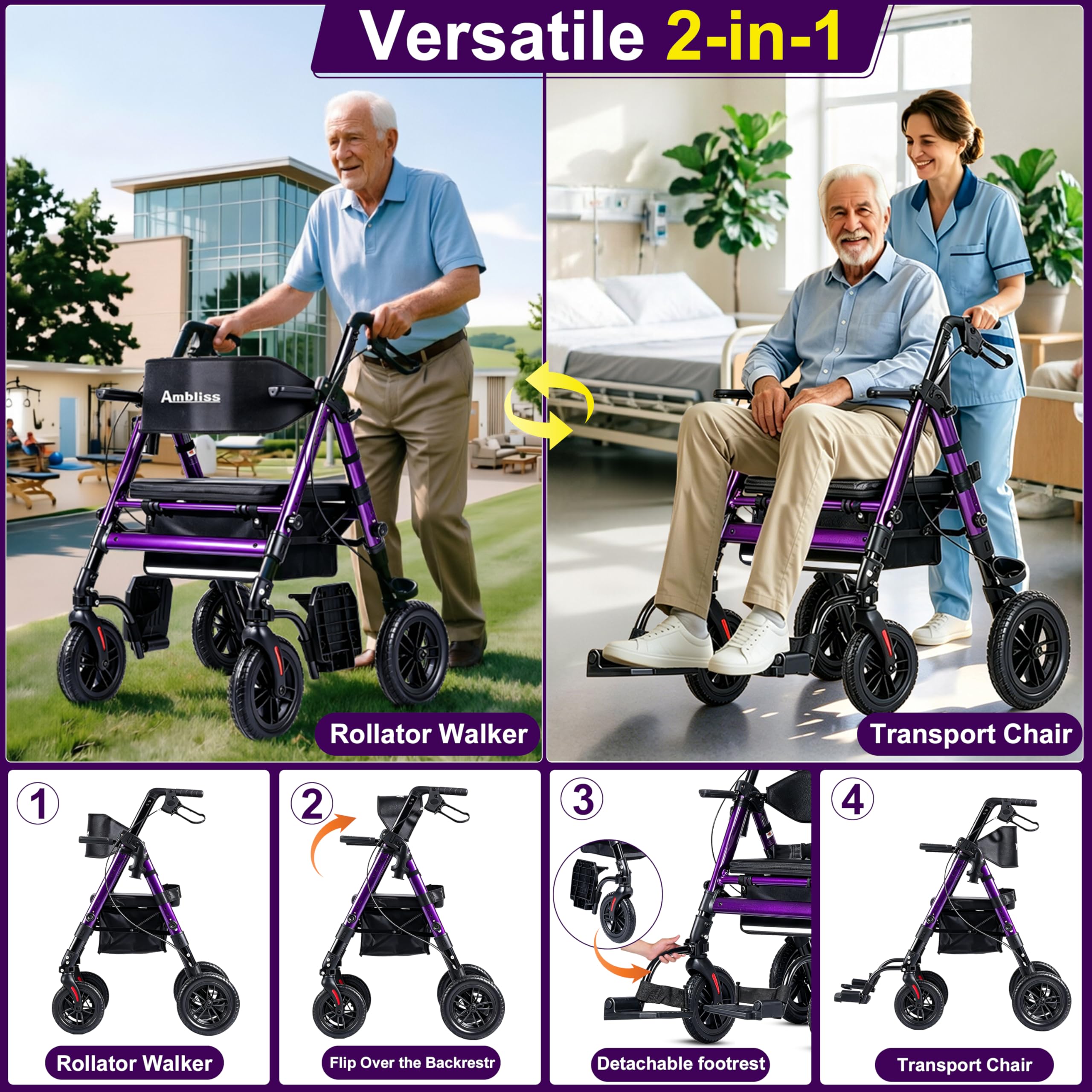 Ambliss 2-in-1 Rollator Transport Wheelchair Combo for Seniors with seat — Amazon image 2