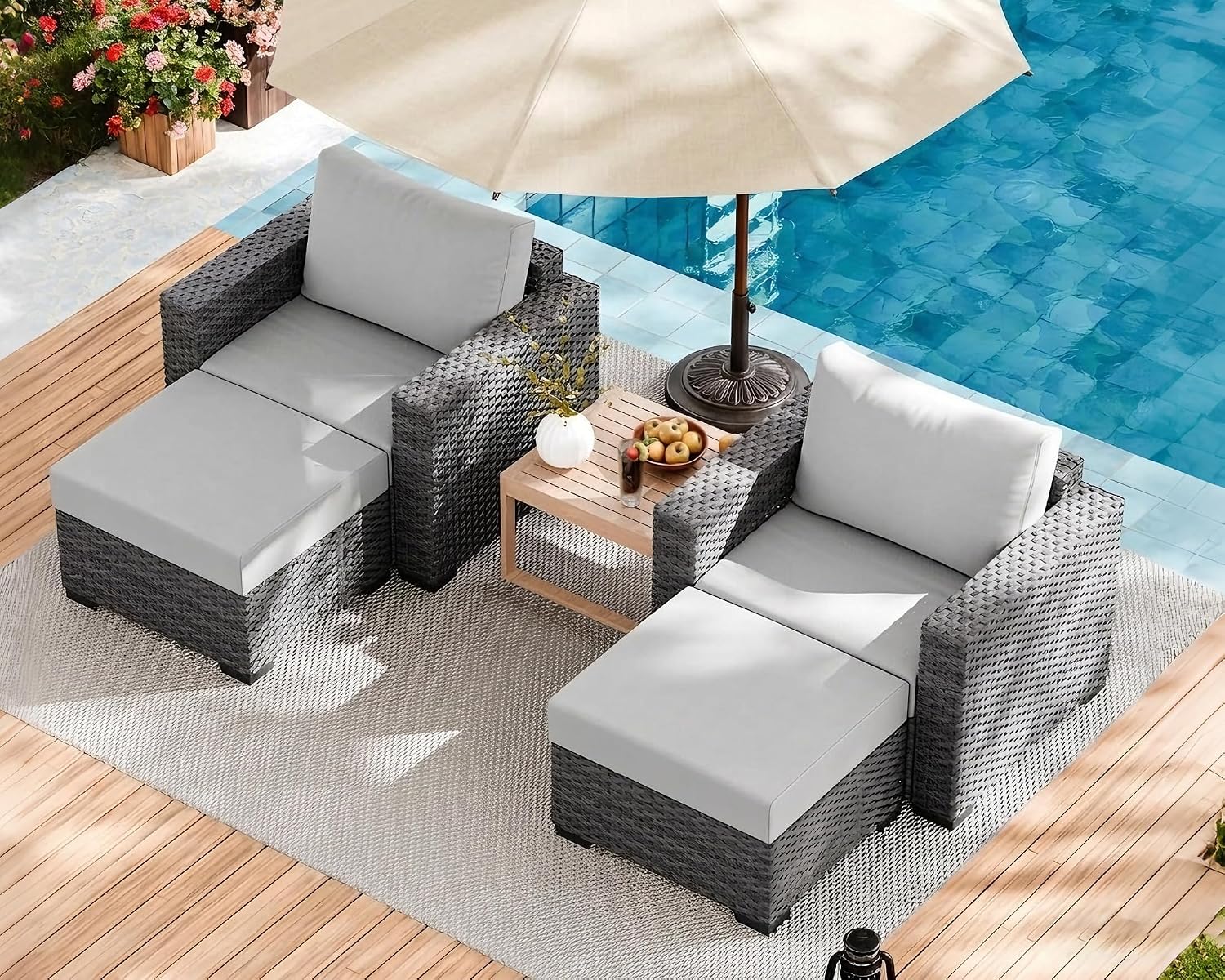 ABCASA Patio Chairs Set of 2 with Ottoman, Rattan Outdoor Chairs with Ottoman Sets of 2, Balcony Patio Furniture,Outdoor Furniture Small Patio, 4.72'' Thick Cushions, Grey