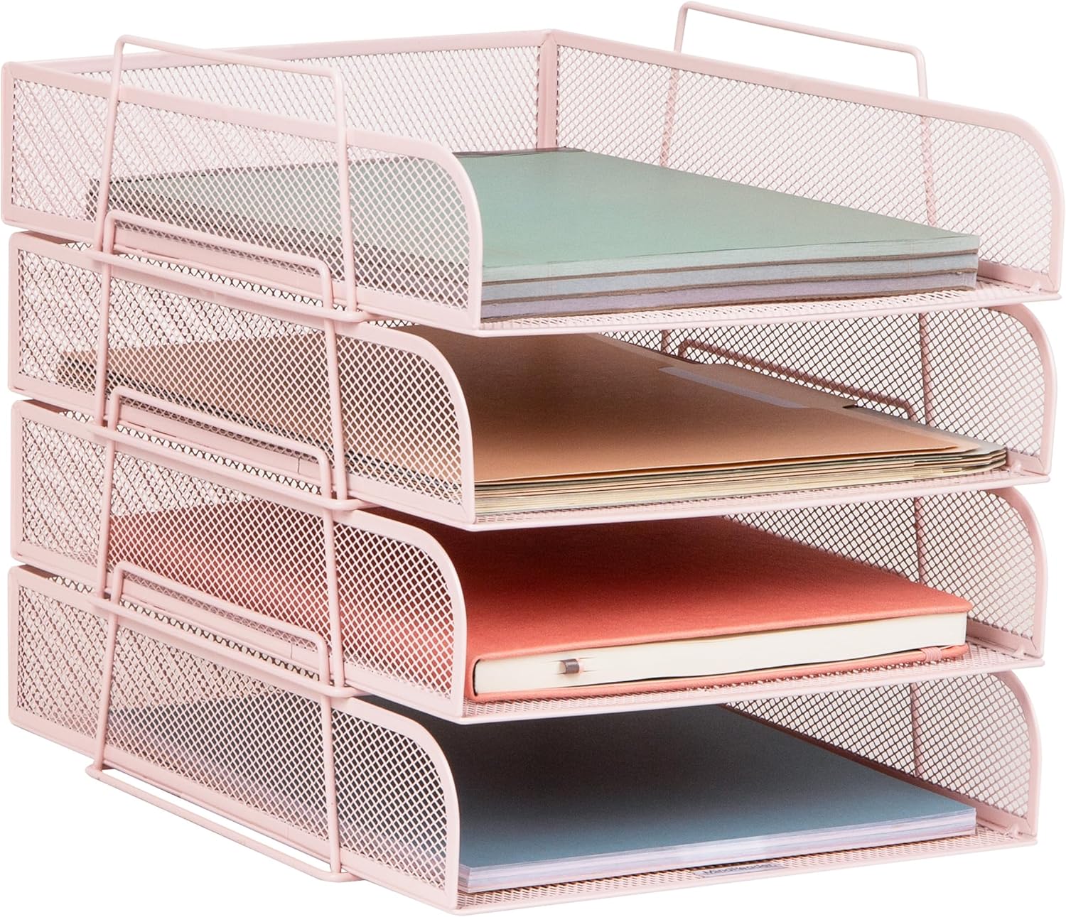 Mind Reader Stackable Paper Tray, Desktop Organizer, File Storage, Office, Metal Mesh, 10.5" L x 13.5" W x 11.25" H, 4 Pcs., Pink