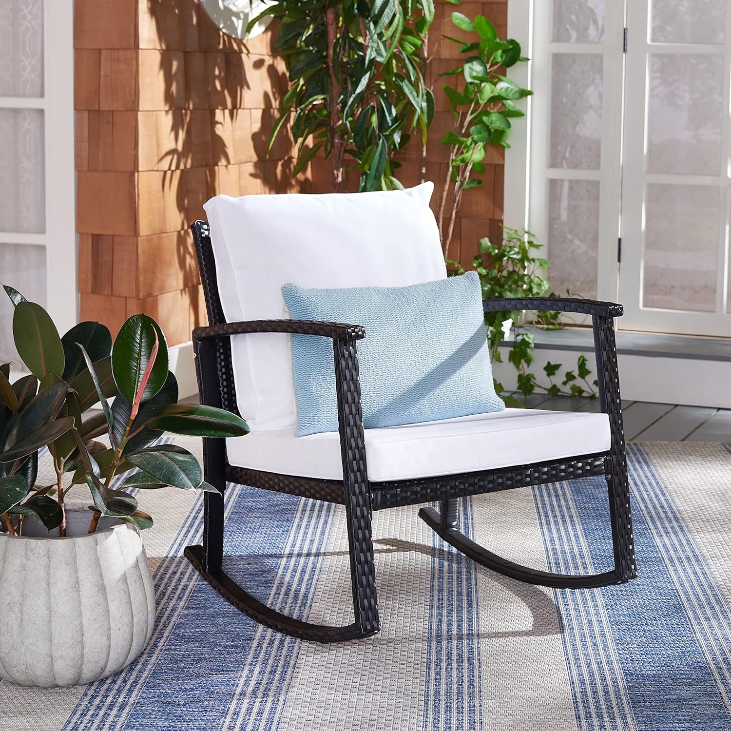 Breezy Black PE Rattan Rocking Chair with Plush White Cushions