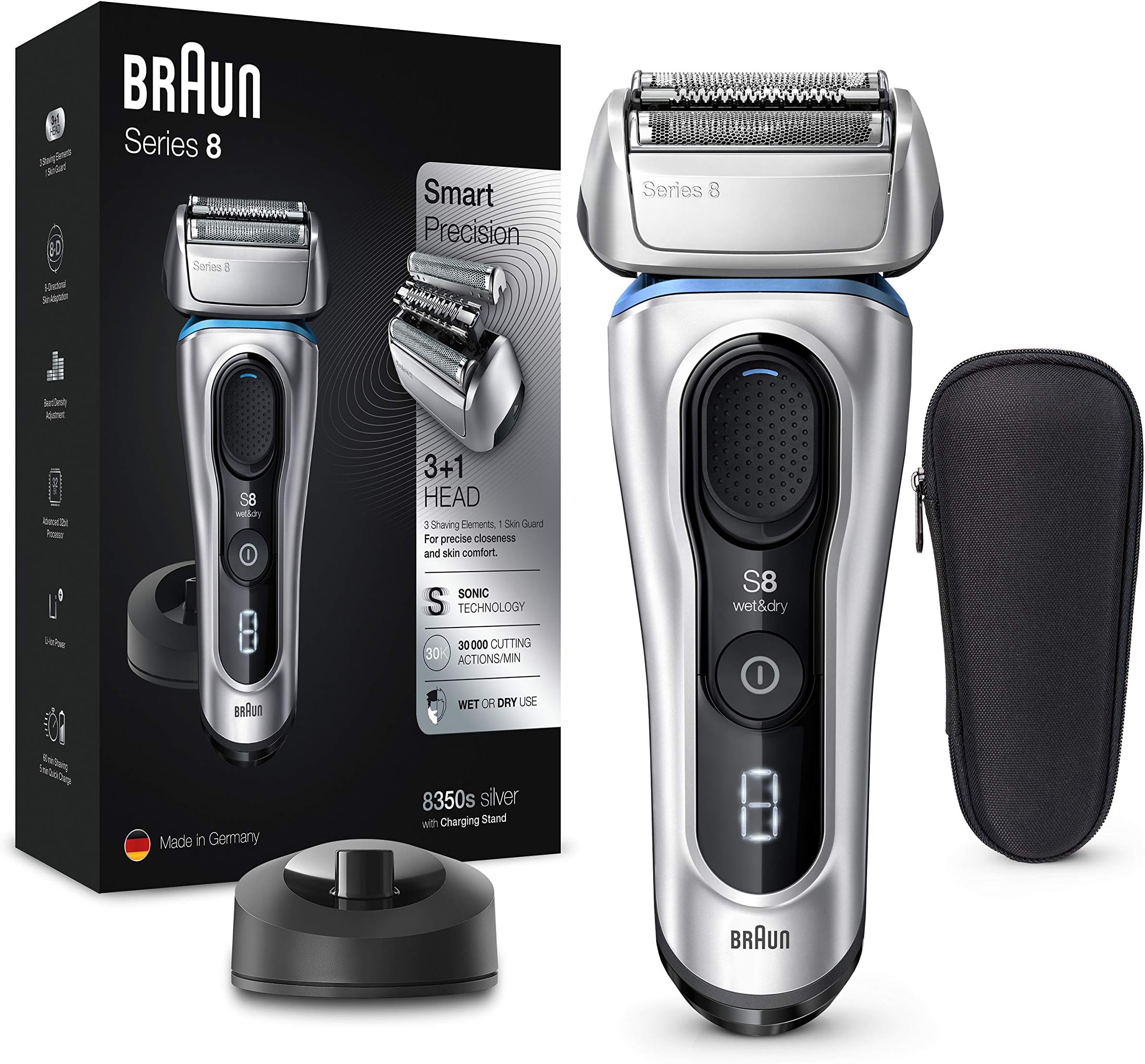 Series 8 Electric Shaver for Men with Precision Trimmer, Charging Stand & Travel Case, Cordless Foil Razor, Wet & Dry, 100% Waterproof, UK 2 Pin Plug, 8350s, Silver Razor