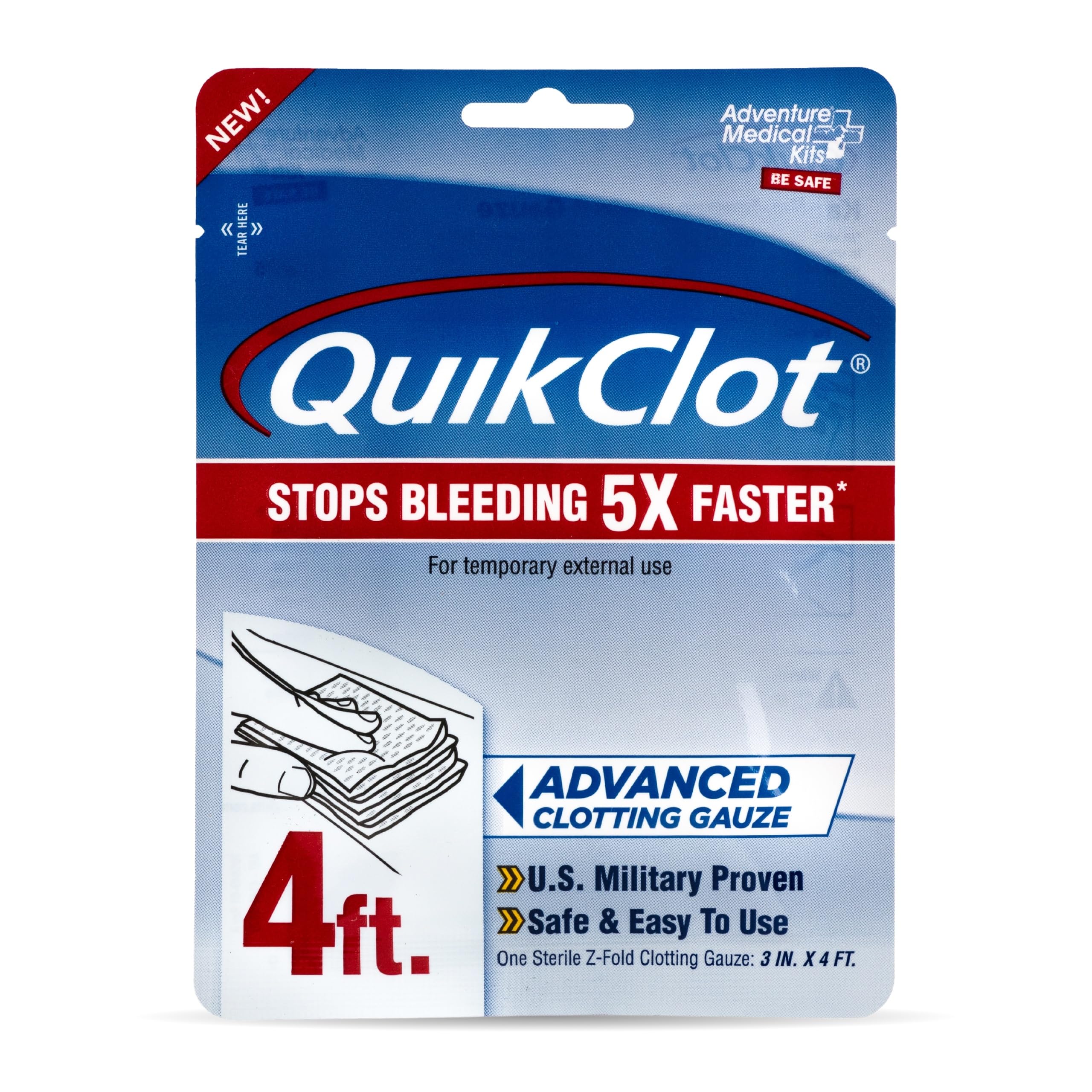 Adventure Medical Kits QuikClot Gauze - Flexible Hemostatic Medical Gauze for Emergency Survival or Disaster Preparedness Kits & More - Stops Bleeding Fast with Kaolin - 3" x 48"