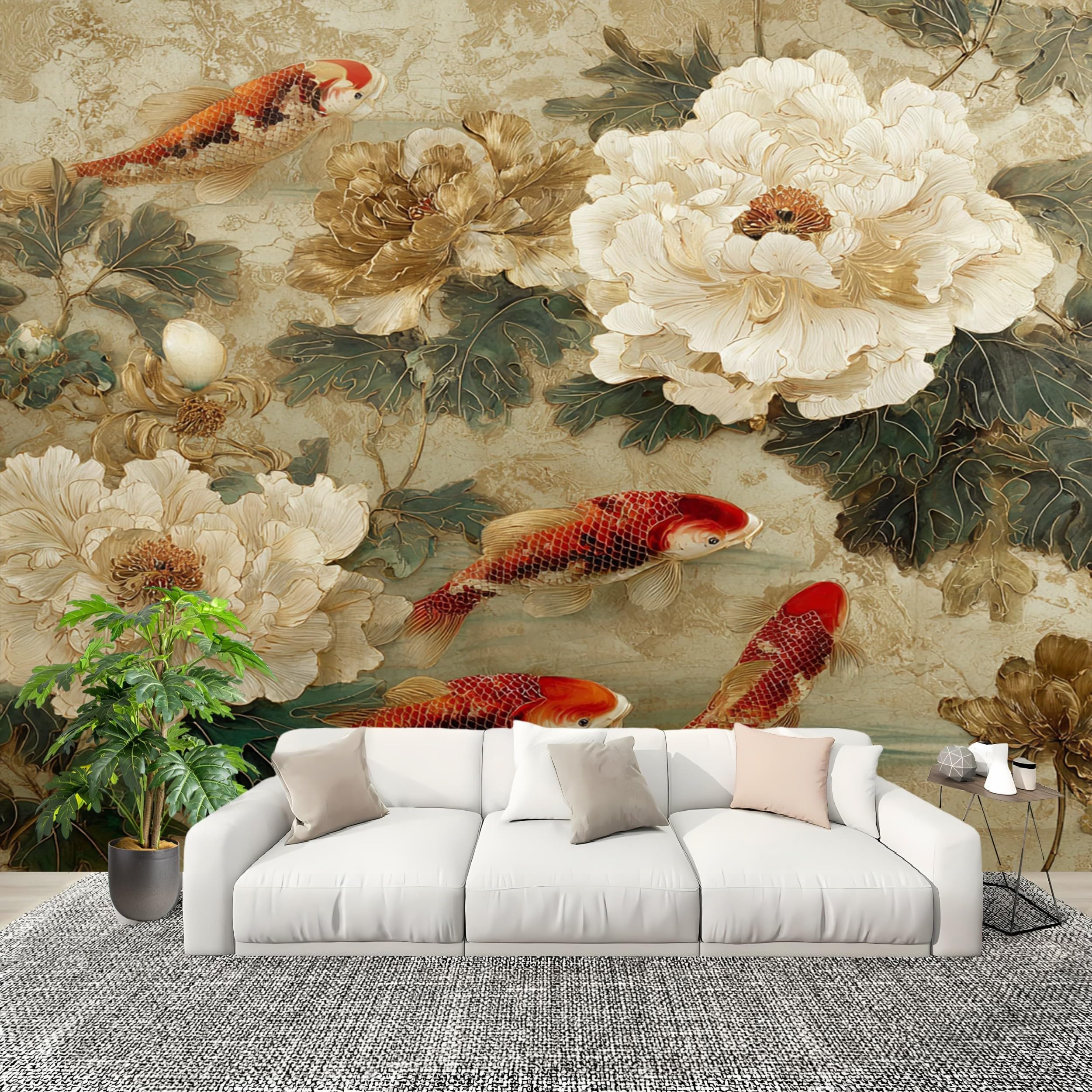 Papier peint panoramique 3D de salon motif carpes Koi et pivoines beige 200x140 cm