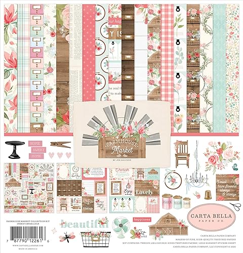 Carta Bella Paper Co mpany Farmhouse Market Collection Kit de papel, rosa, verde azulado, negro, grano de madera, crema, 12 x 12 pulgadas