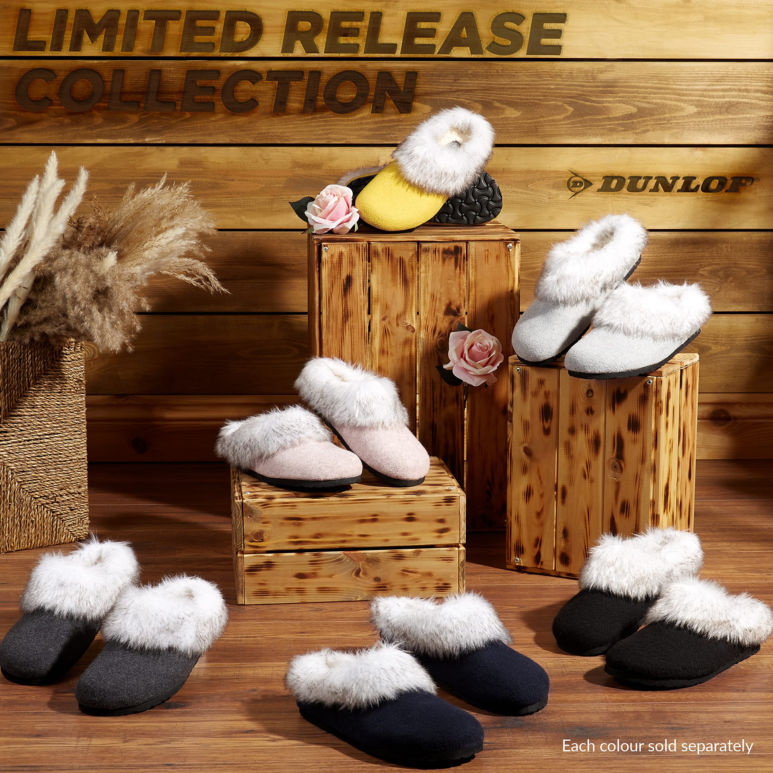 DUNLOP Pantofole Donna, Ciabatte Pelose Donna Invernali da Casa Antiscivolo con Suola in Gomma