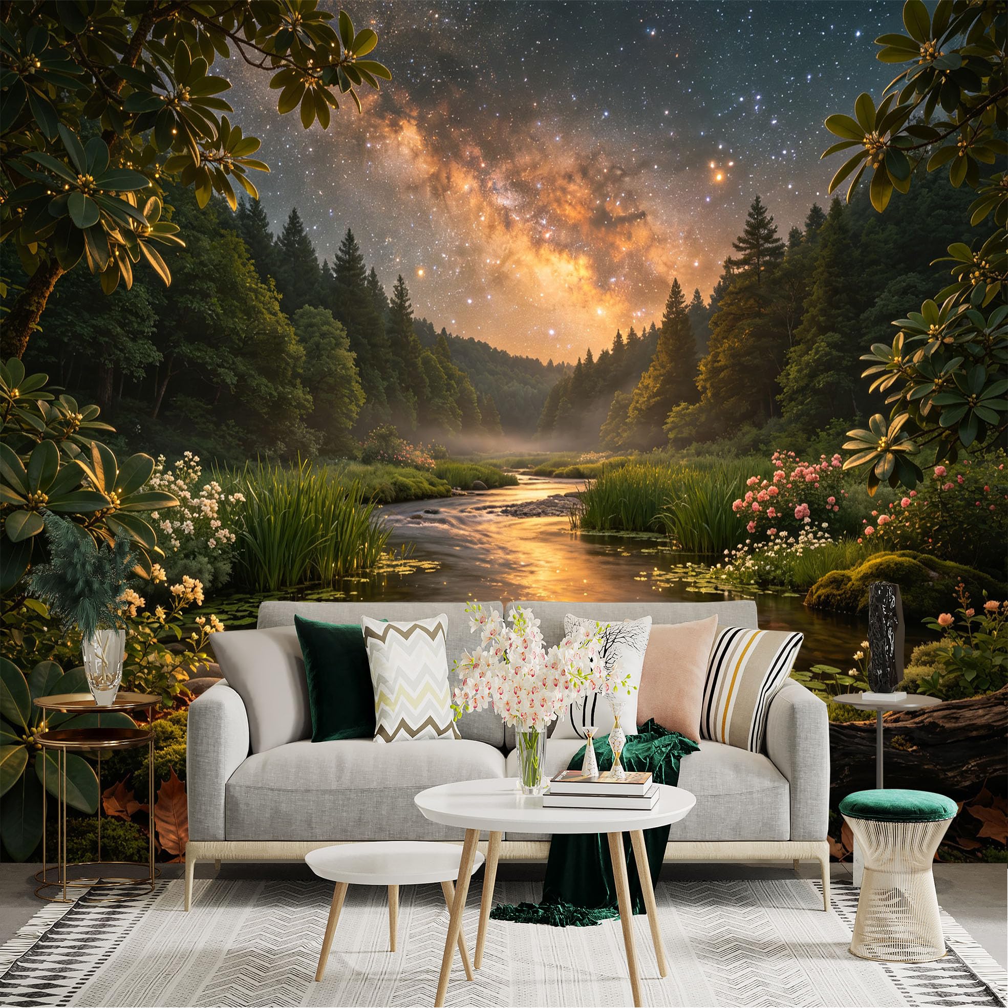 Lnzczhyre Bh260719348 Custom Size Wall Sticker Mural， Milky Way Over River， Enchanted Forest Landscape， Glowing Starlit Night， Nature Scenery， For Wall Decoration， Peelandstick Wall Decals.
