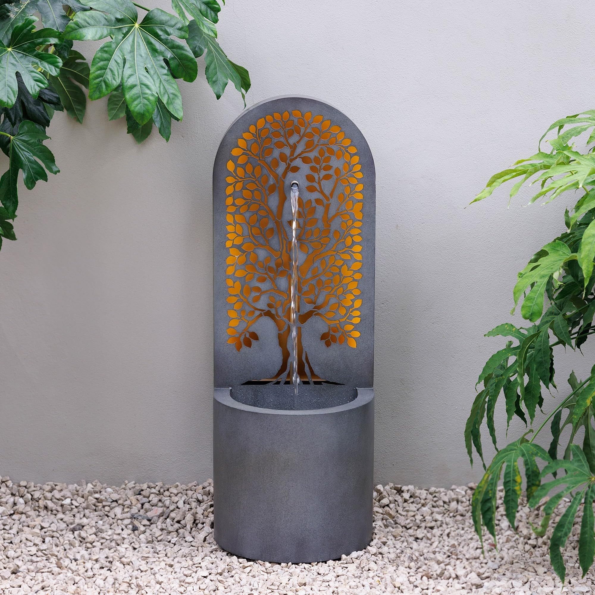 Primrose Grey Metal Geometric Tree Design Water Feature With Led Lights In Brown H110cm