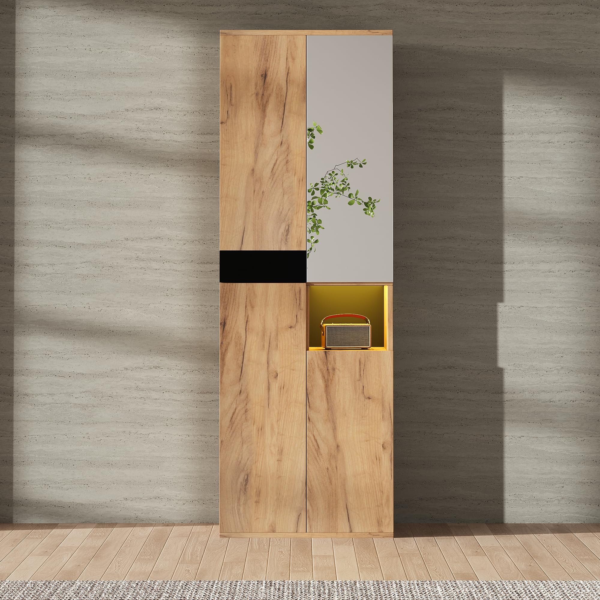 Armario alto con espejo, cuatro puertas y un compartimento de almacenamiento abierto. Negro y natural. Dimensiones: 65 × 35 × 190 cm (ancho x profundidad x alto)