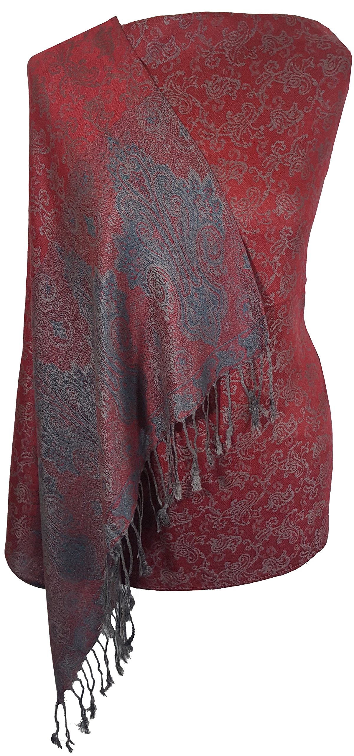 World of Shawls Ladies Floral Paisley Bordered Pashmina Feel Shawl Scarf Wrap Stole Luxuriously Warm Soft and Silky Touch (Maroon/Green_5234)