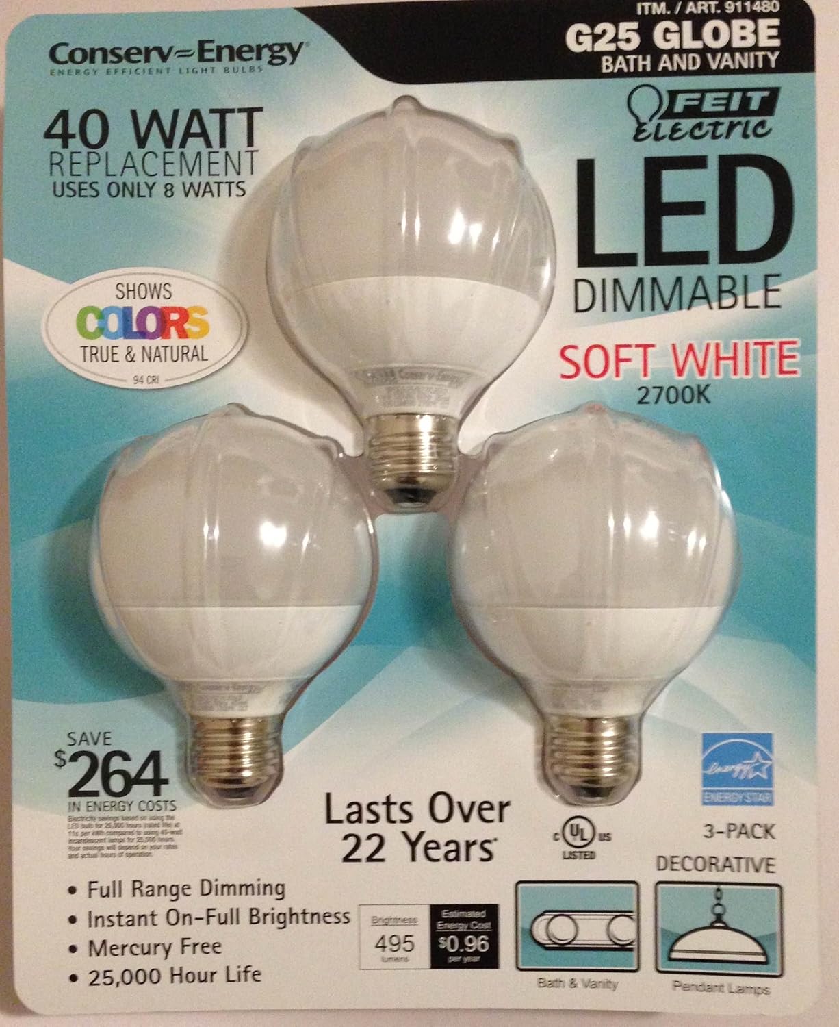 Feit 8 Watt LED G25 Light Bulbs 3-Pack (Equiv to 40 watts) 2700K Color 94 CRI
