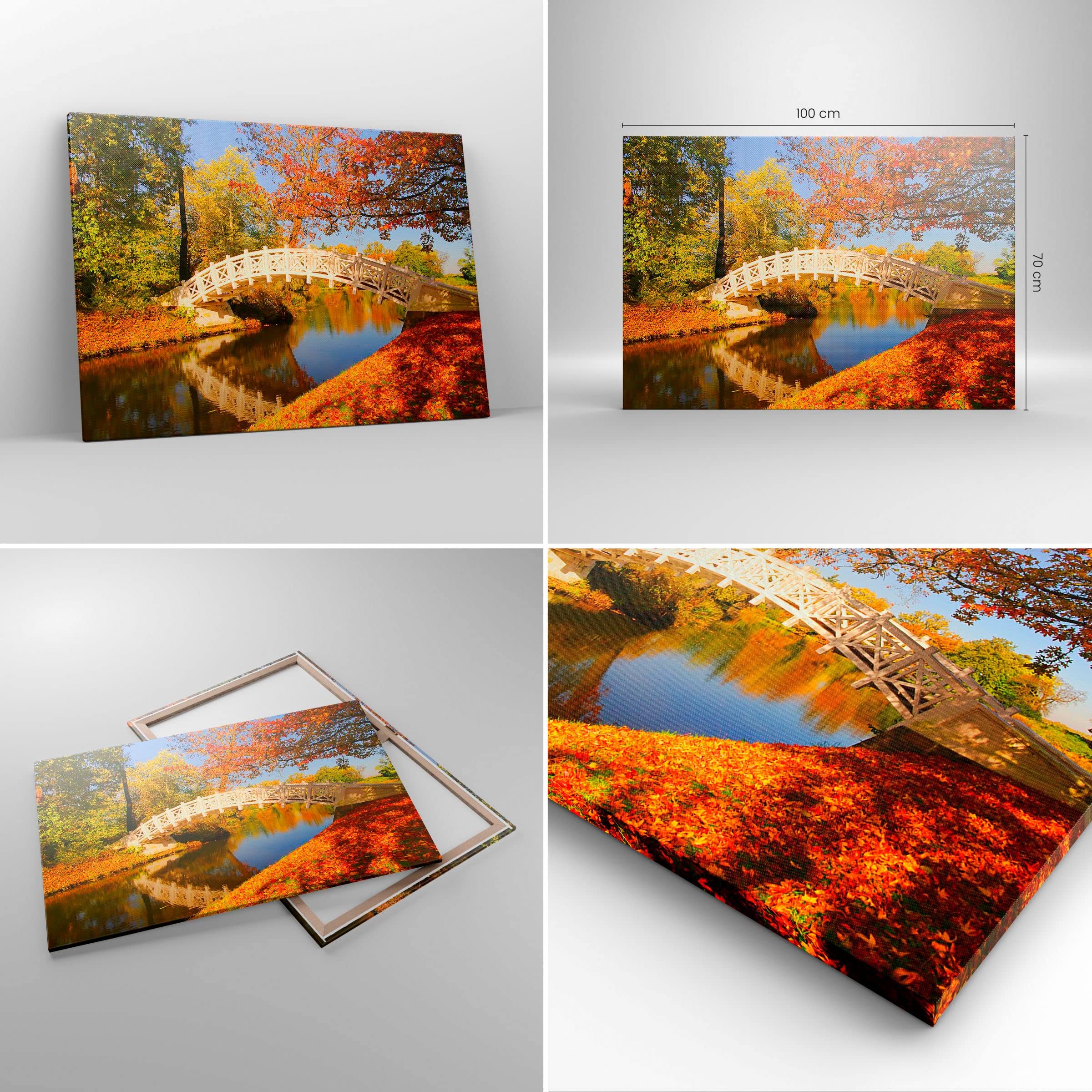 Cuadro Decorativo 100x70cm Moderno Horizontal Paisajes Puentes - 2654 | Arroyo Puente peatonal Otoño Cuadro sobre Lienzo Grande Arte mural Decoración del Hogar Salón Dormitorio Cuadros de Pared