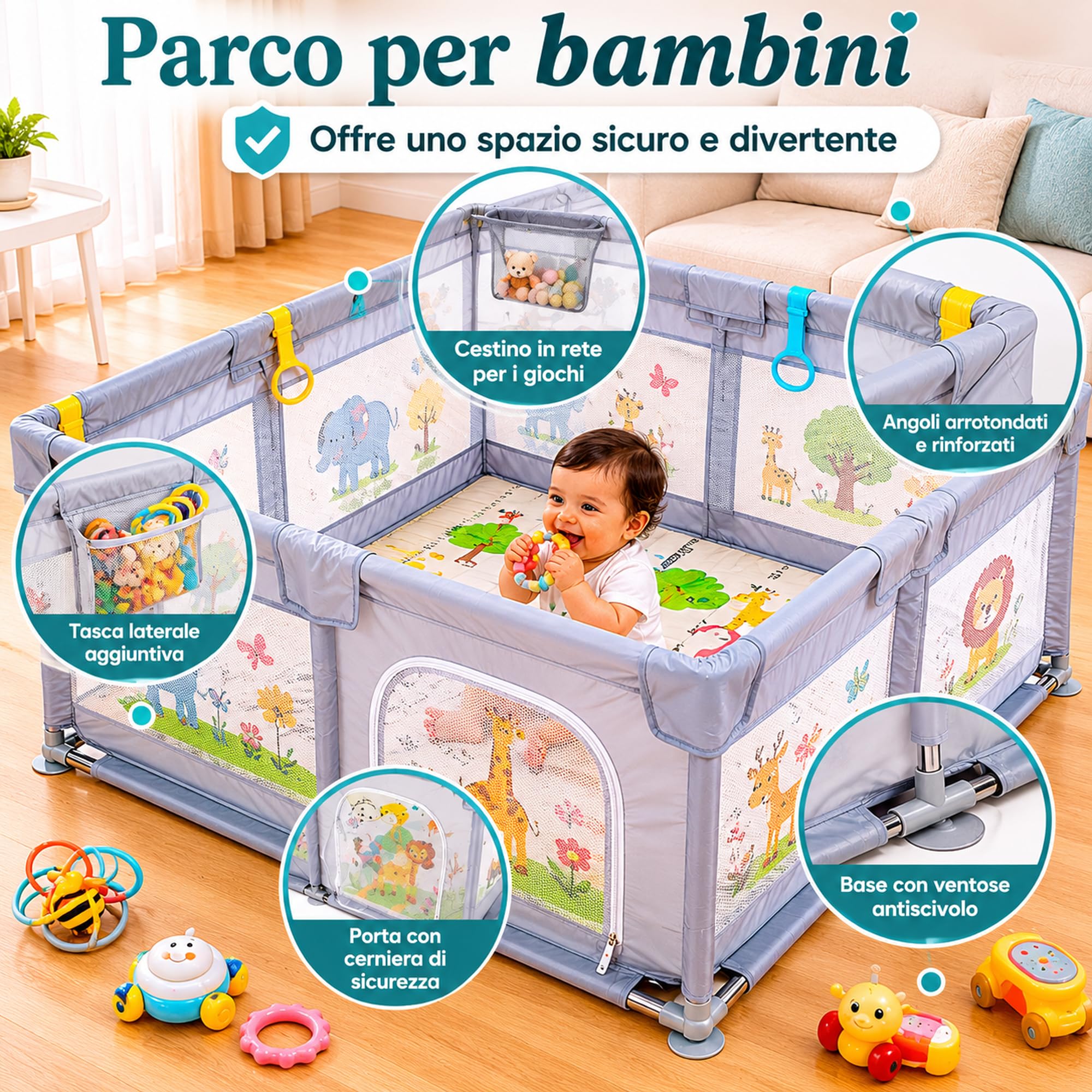 PARVULI Box per Bambini Pieghevole 120x120 cm Recinto per Bambini in Ferro Struttura Stabile, Box Neonato con Tappeto Morbido Imbottito e Rete Traspirante - Animali