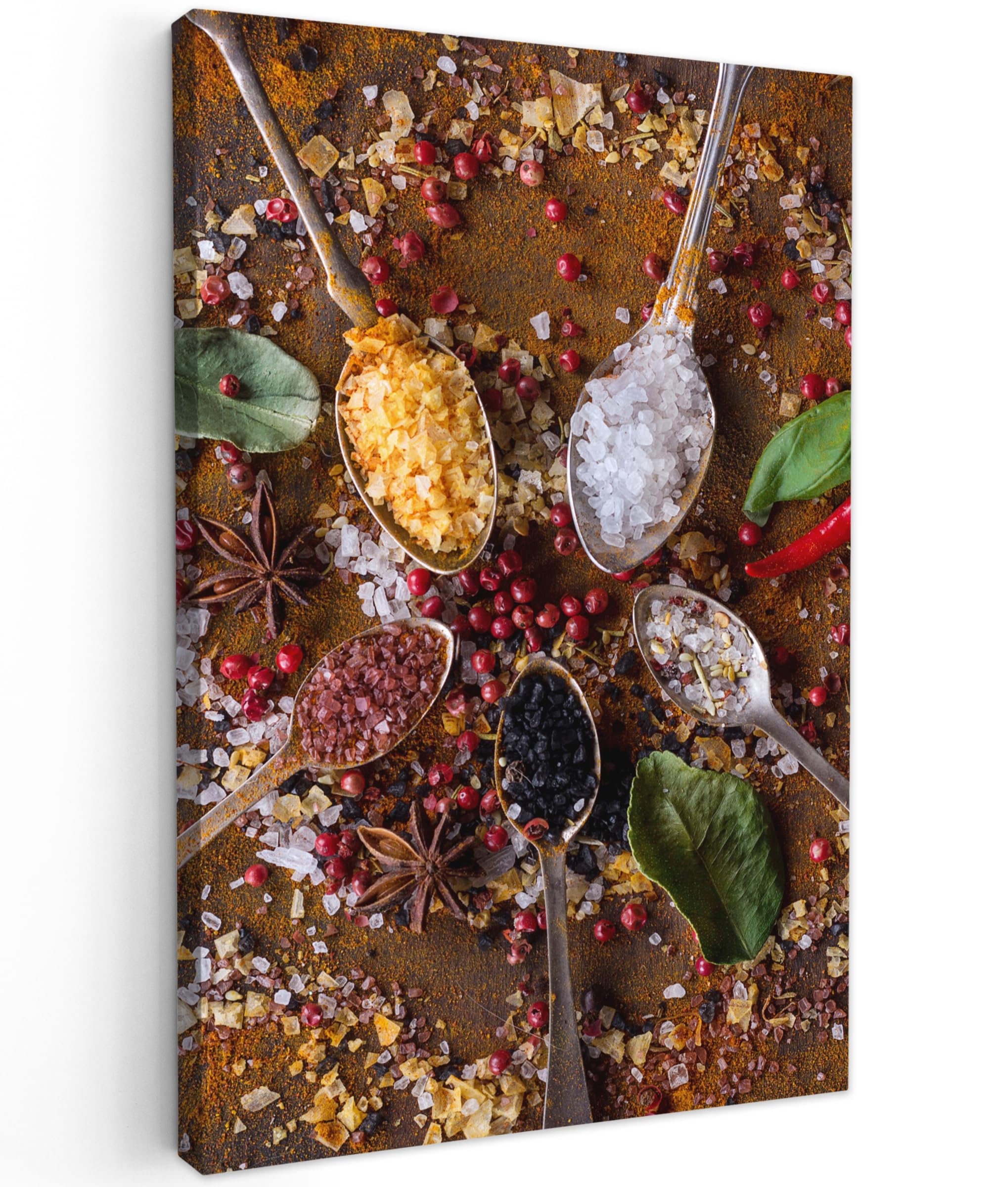 MuchoWow© Leinwandbilder 40x60 cm Wall Art Decoration Bilder für die Wand Deko Canvas Wanddekoration Wohnzimmer Bild Küche - Gewürze - Kräuter - Löffel - Salz - Braun - Lebensmittel