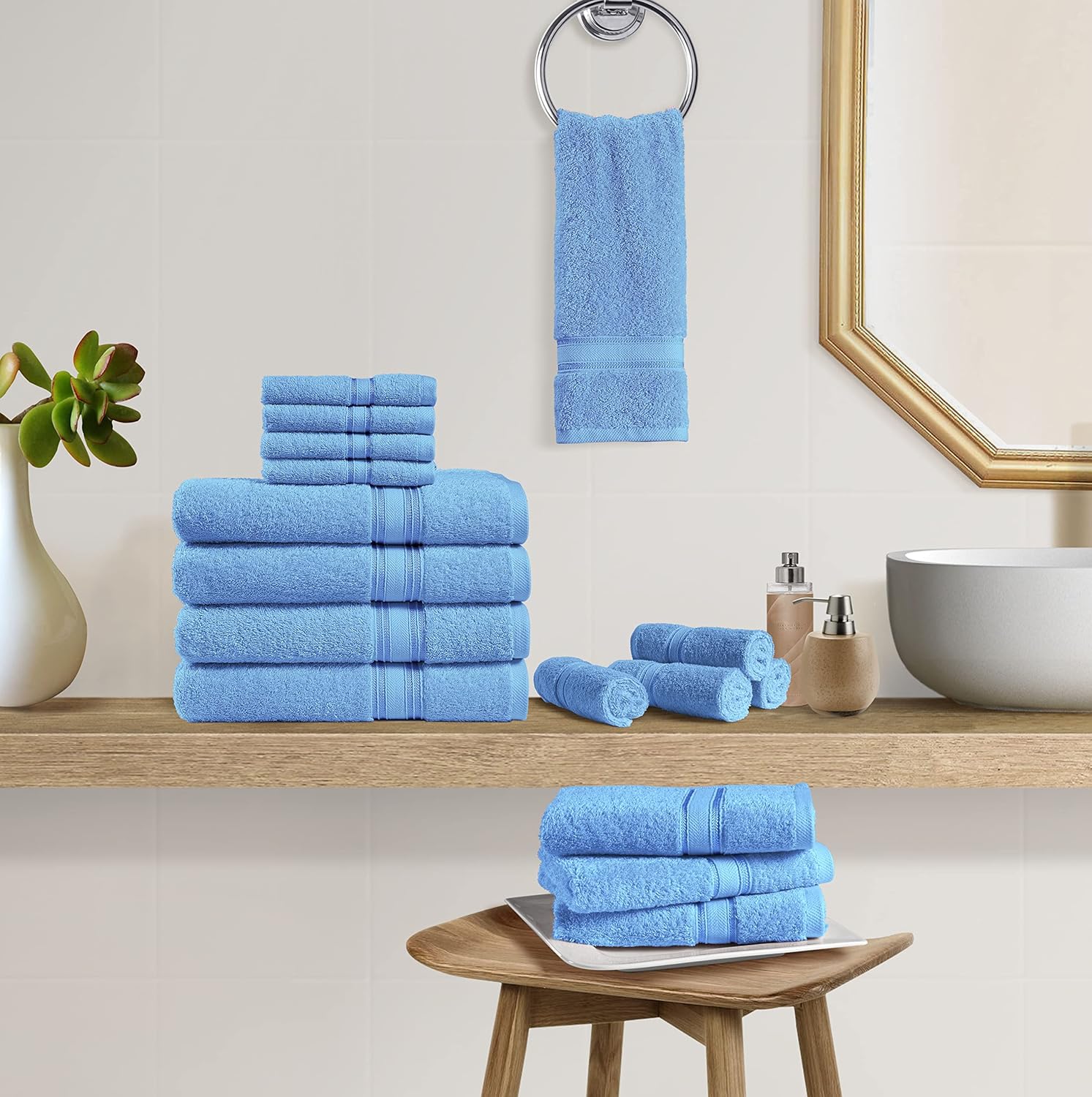 16 Piece Bath Towels Sets - 100% Cotton Bathroom Set, 4 Bath Towels, 4 Hand Towels, 8 Wash Cloths, Durable Shower Towels, Highly Absorbent Towels for Bathroom, Extra Large Bath Towels - Agean : Home & Kitchen