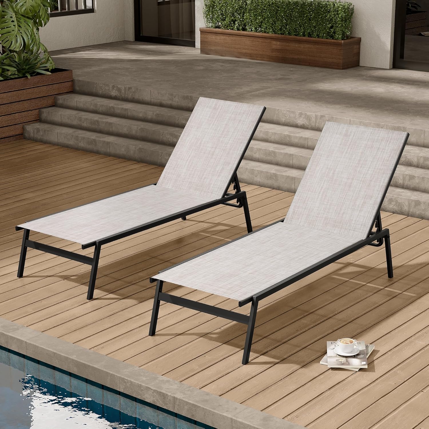 Crestlive Products Stackable Outdoor Chaise Lounge Chairs Set of 2 with 5-Position Adjustable Back for Patio, Beach, Yard, Pool (Beige)