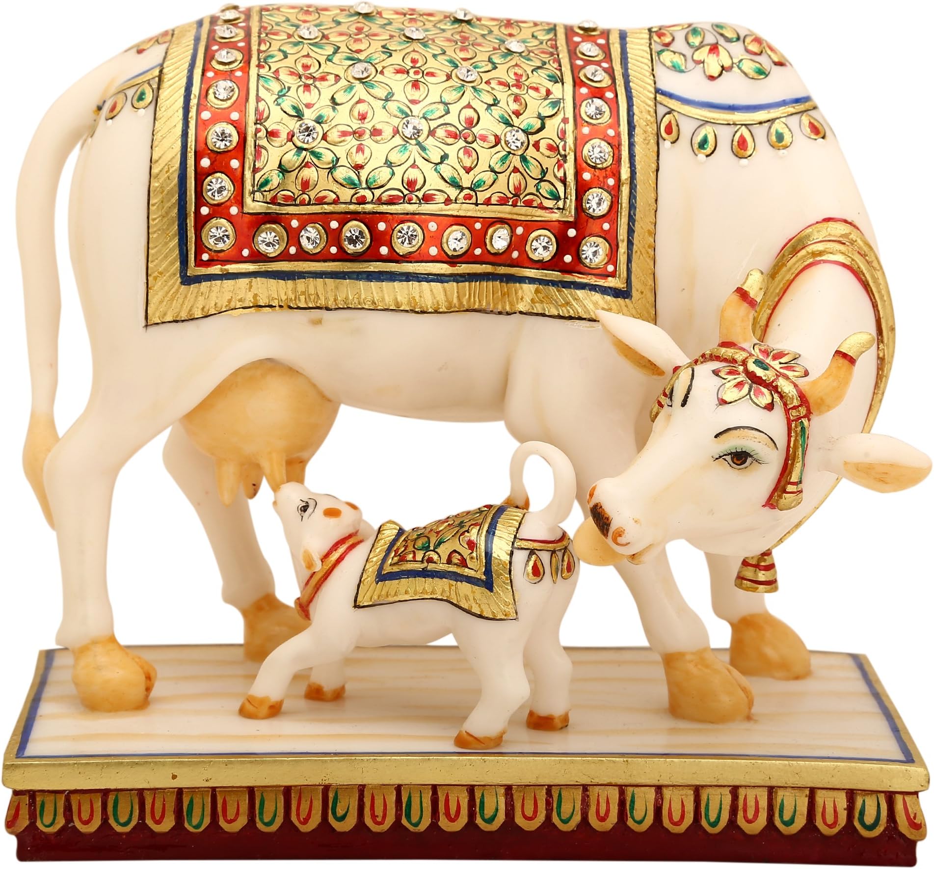 Marble Dust Kamdhenu Cow & Calf Brass Sculpture- Religious Kamdhenu Cow Calf Statue-Mother Child Love