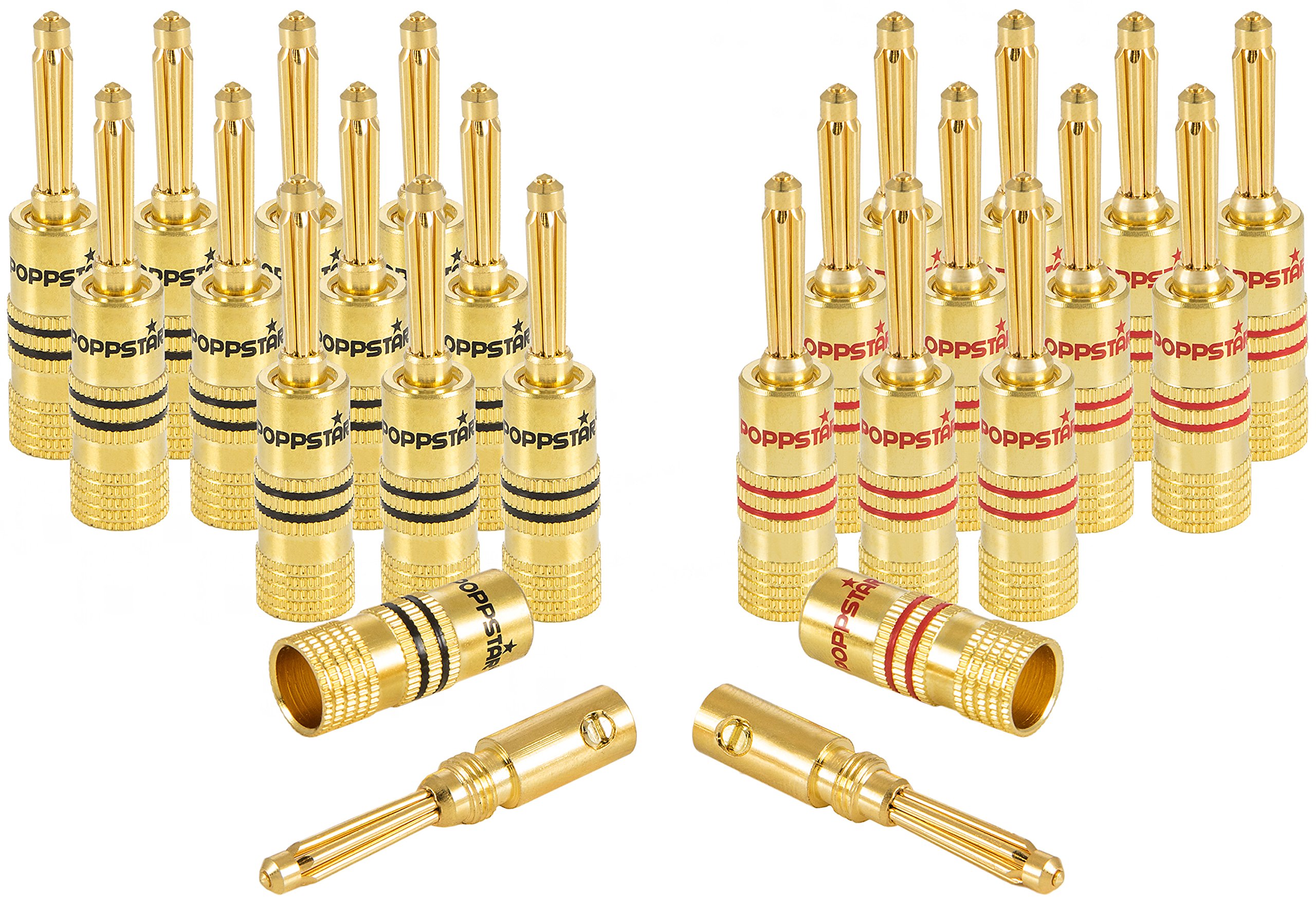 POPPSTAR Spina A Banana Schermata 24 Pezzi: 12 Rosse + 12 Nere, Placcate Oro 24k, Per Cavi Altoparlanti Fino A 6mm²