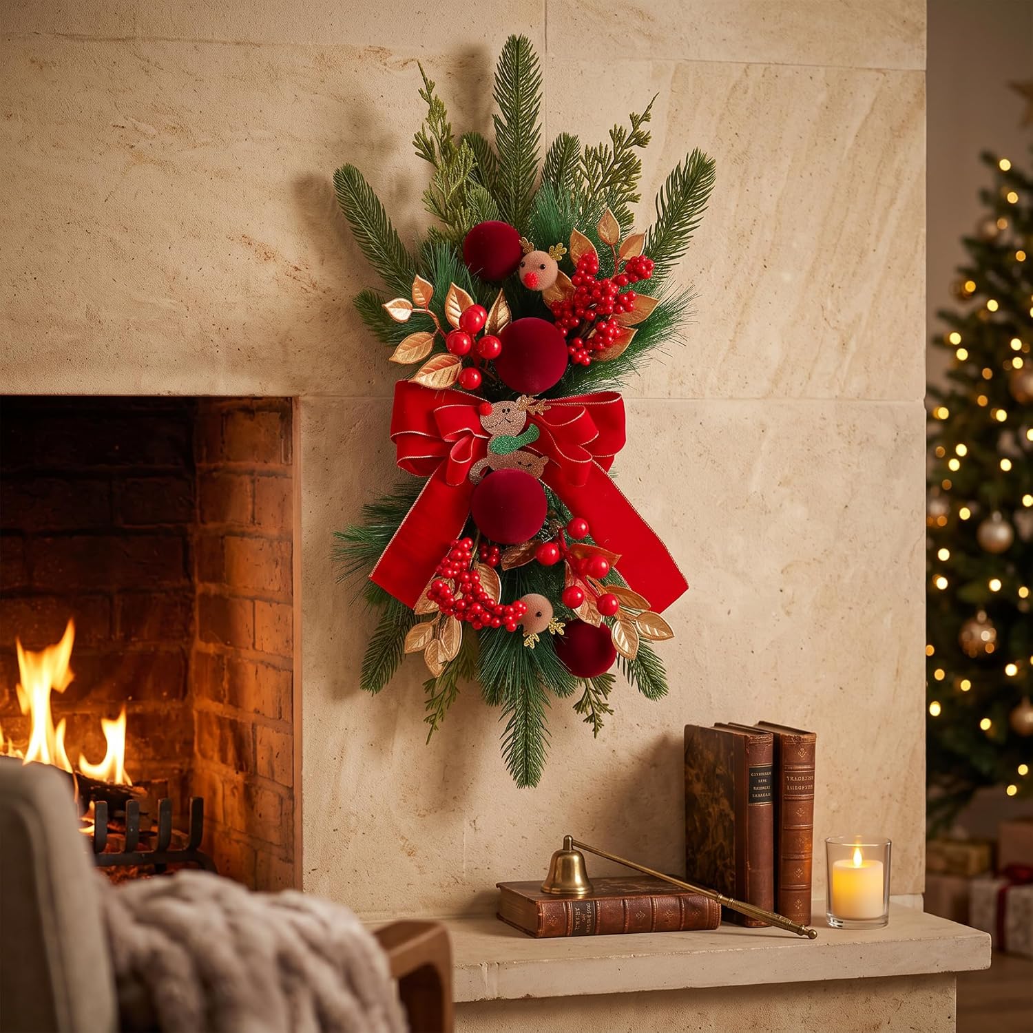 Christmas Door Wreath 2PCS, Velvet Reindeer Christmas Swag for Front Door