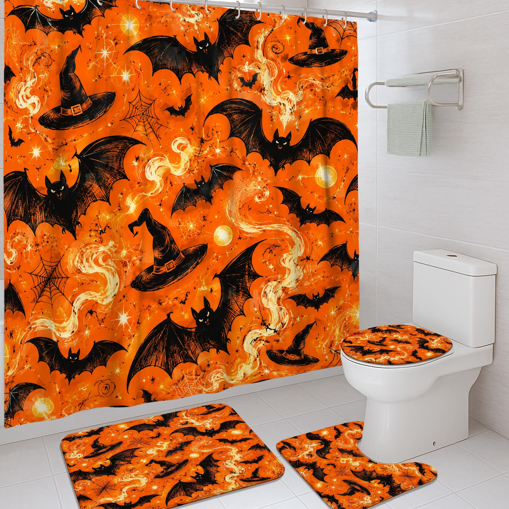 Rideau de douche Halloween à motifs chauve-souris pour créer une ambiance festive à l'hôtel