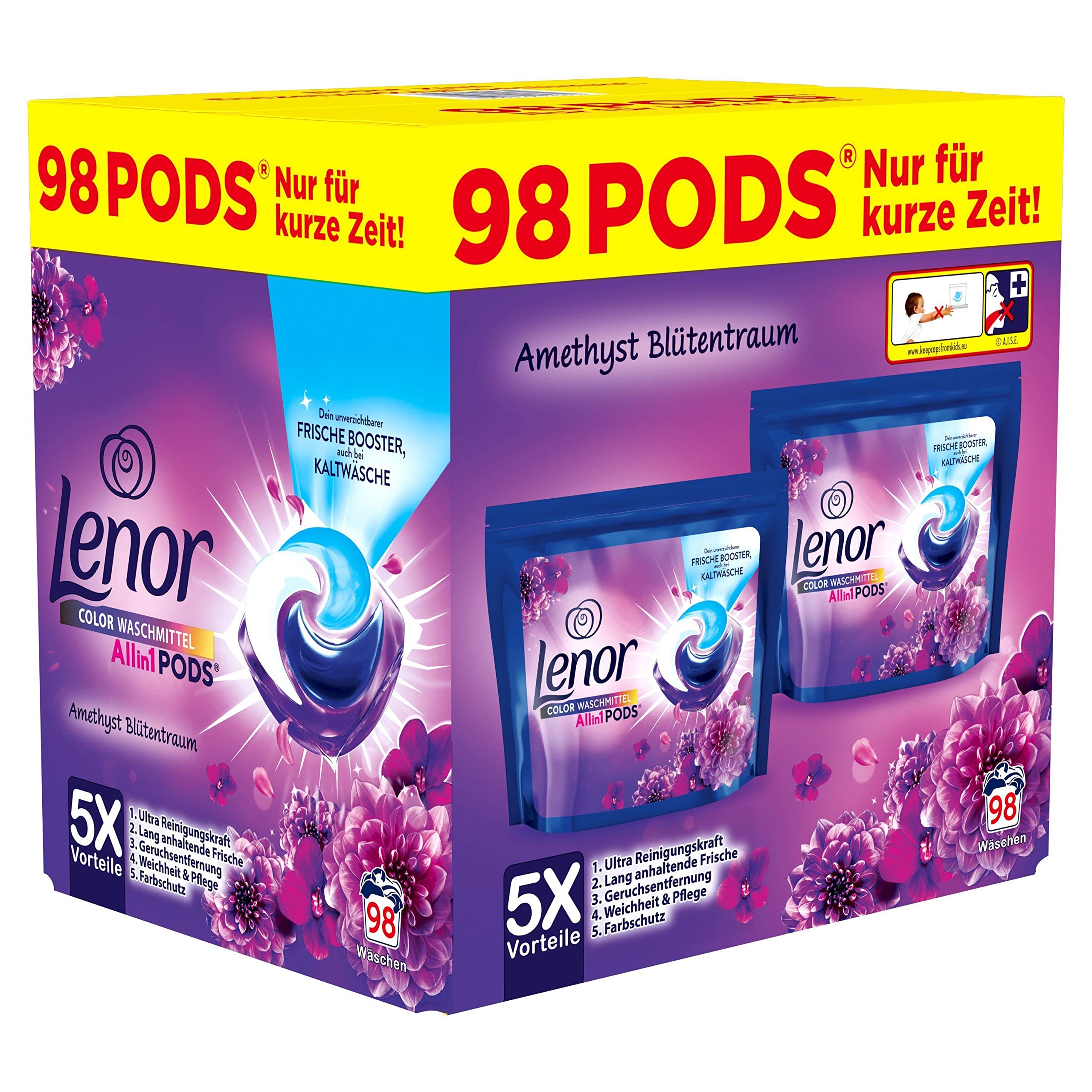 Lenor Colorwaschmittel Allin1 PODS Amethyst Blütentraum 98 Waschladungen, Hygienische Tiefenreinigung und Lang Anhaltende Frische