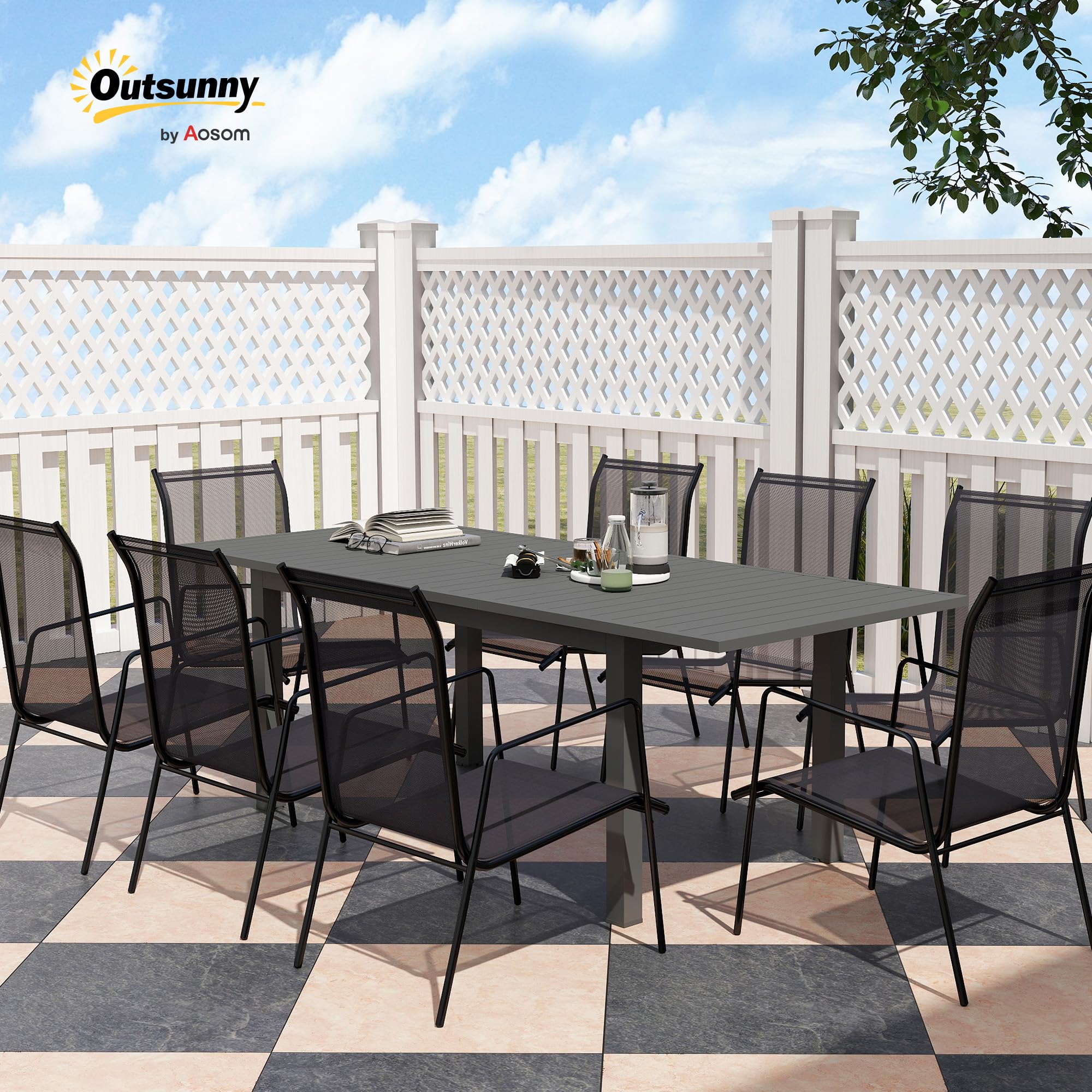 Outsunny Tavolo da Giardino Allungabile per 6-8 Persone da 160/220x90x73 cm, Tavola da Pranzo Estensibile Rettangolare con Piano a Doghe in Alluminio, Per Patio, Balcone, Terrazzo ed Esterno, Grigio