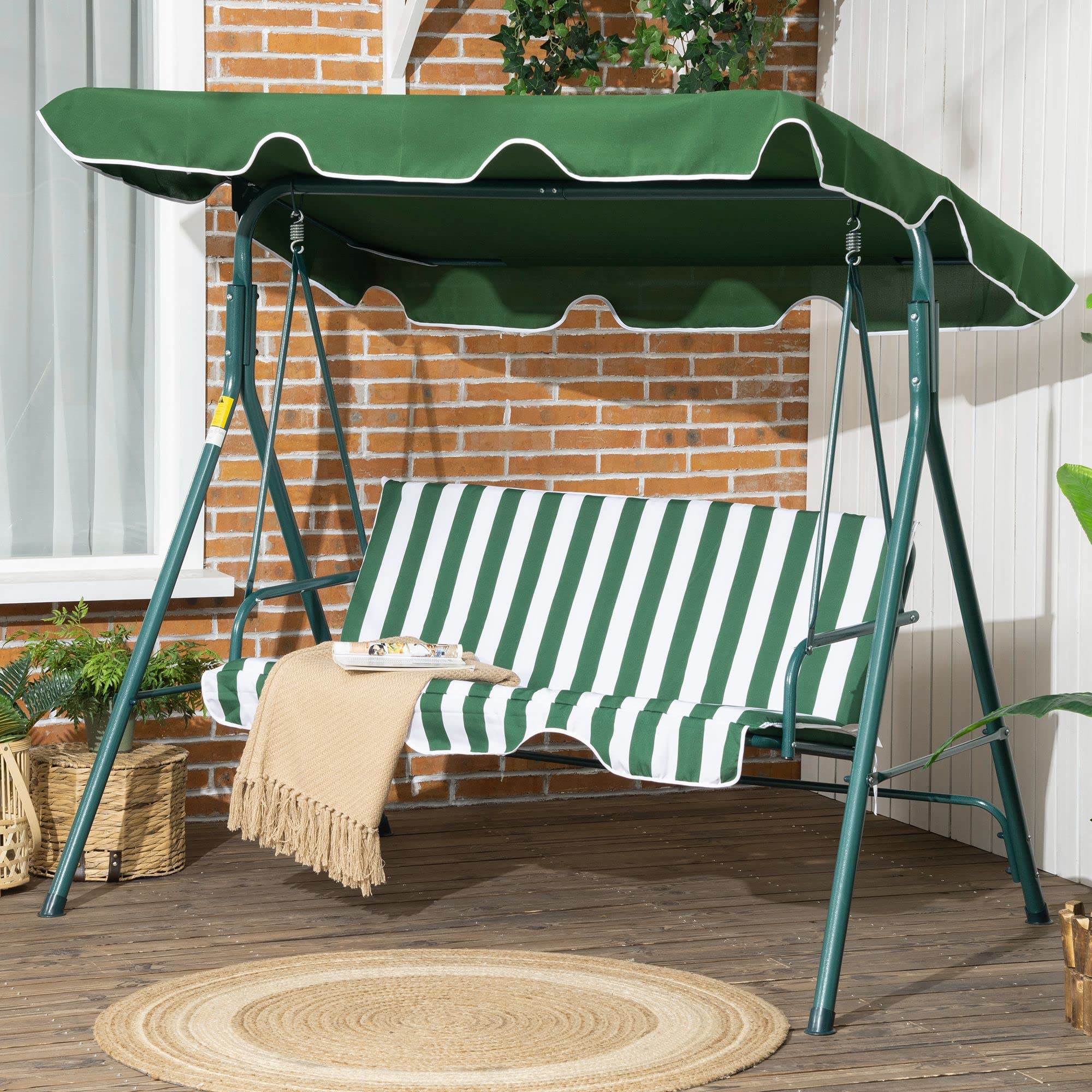 Outsunny Columpio Balancín de Jardín Exterior de 3 Plazas con Cojín Techo Ajustable y Marco de Acero para Balcón Terraza Patio Carga Máx. 300 kg 172x110x153 cm Raya Verde (84A-054V03GN)