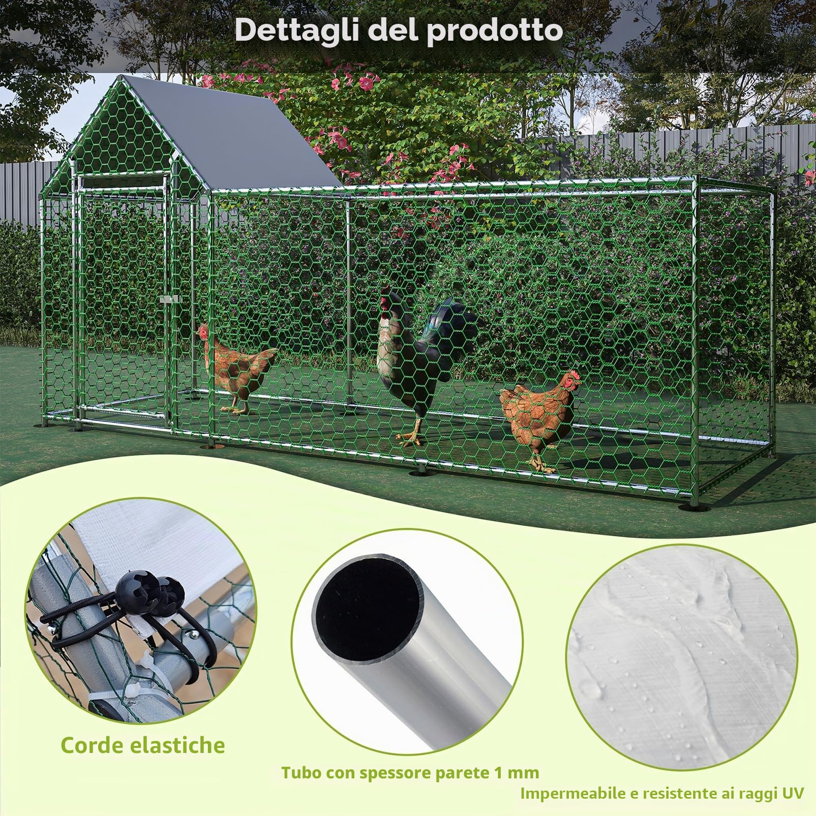 Pollaio per Galline da Esterno, 3x1x1.5m Recinto per 8-12 Galline in Acciaio Zincato, Gabbia per Polli con Tetto Impermeabile Anti-UV Mangiatoia Serratura per Piccoli Animali Conigli Anatre