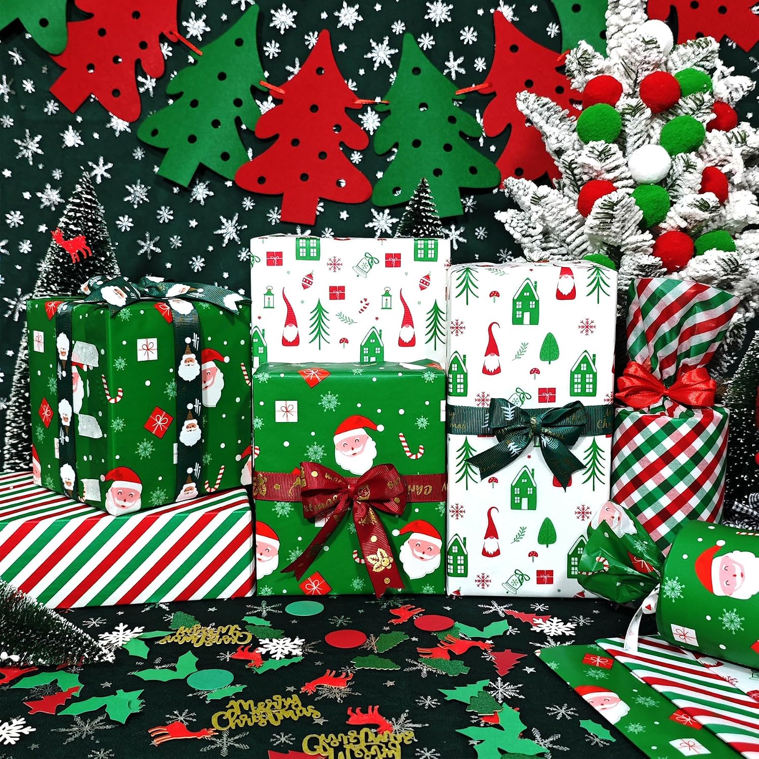 30 Sheets Christmas Tissue Paper - Vintage Red and Green for Gift Bags, Packaging, Craft - Cute Santa Gnome Xmas Gift Wrap for Holiday New Year Party Decor, 20x14in image 2