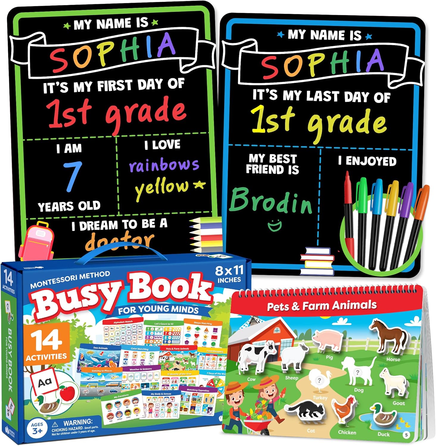 First Day of School Sign for Kids and Montessori Busy Book for Toddlers - Back to School Supplies