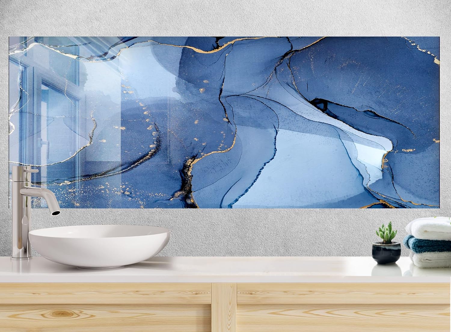 Myphotostation Tempered Glass Splashback 30Wx24H''Blue Tile Marble Abstract Backsplash Cooker Wall Backsplash Panel Glass Splashback for Bathroom Panel Blue Splashback Stove