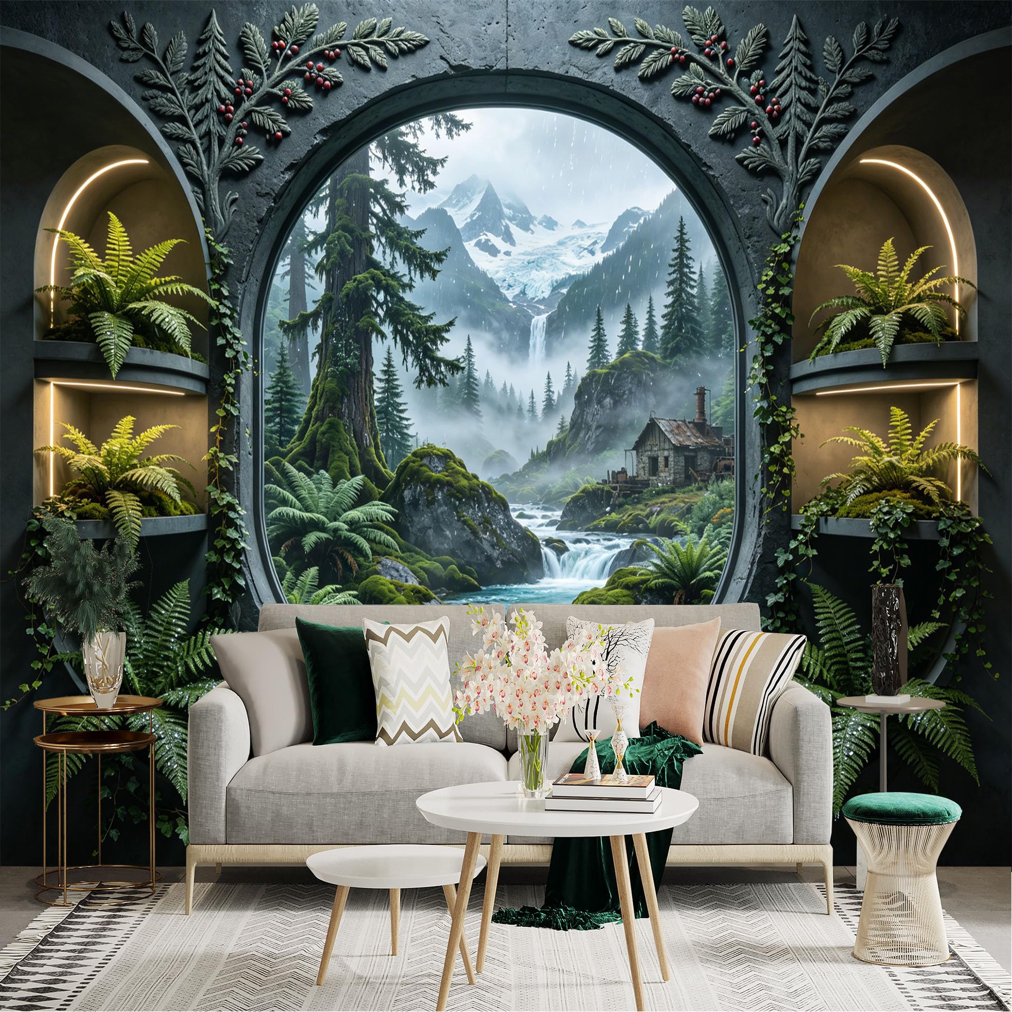 Custom Size Wall Sticker Mural， Misty Forest with Waterfall， Mountain Cabin and Lush Green Plants， for wall Decoration， peelandstick wall Decals.