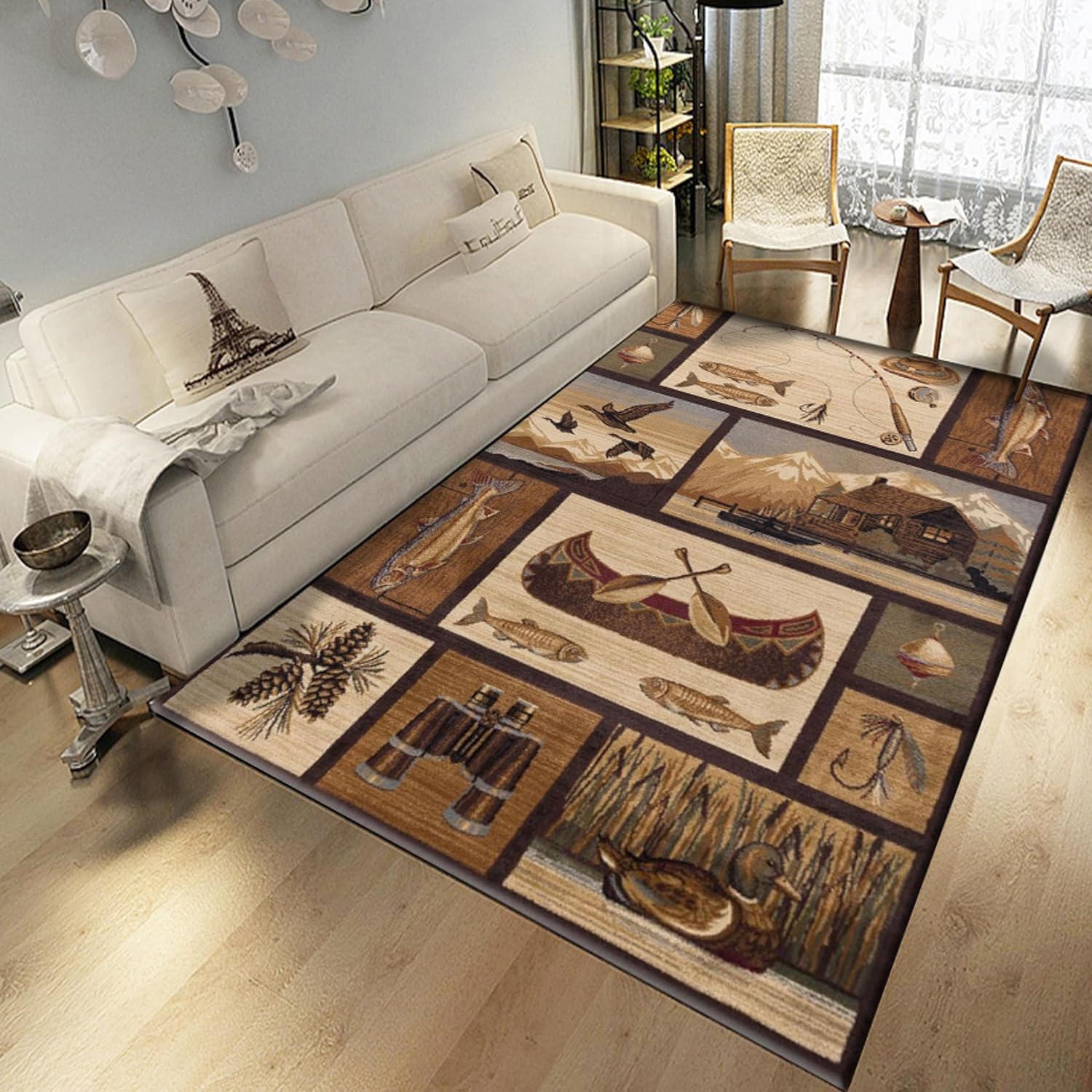 Country Style Rug, 4x5ft, Rustic Cabin Wildlife Washable Area Rugs,Lodge Boat