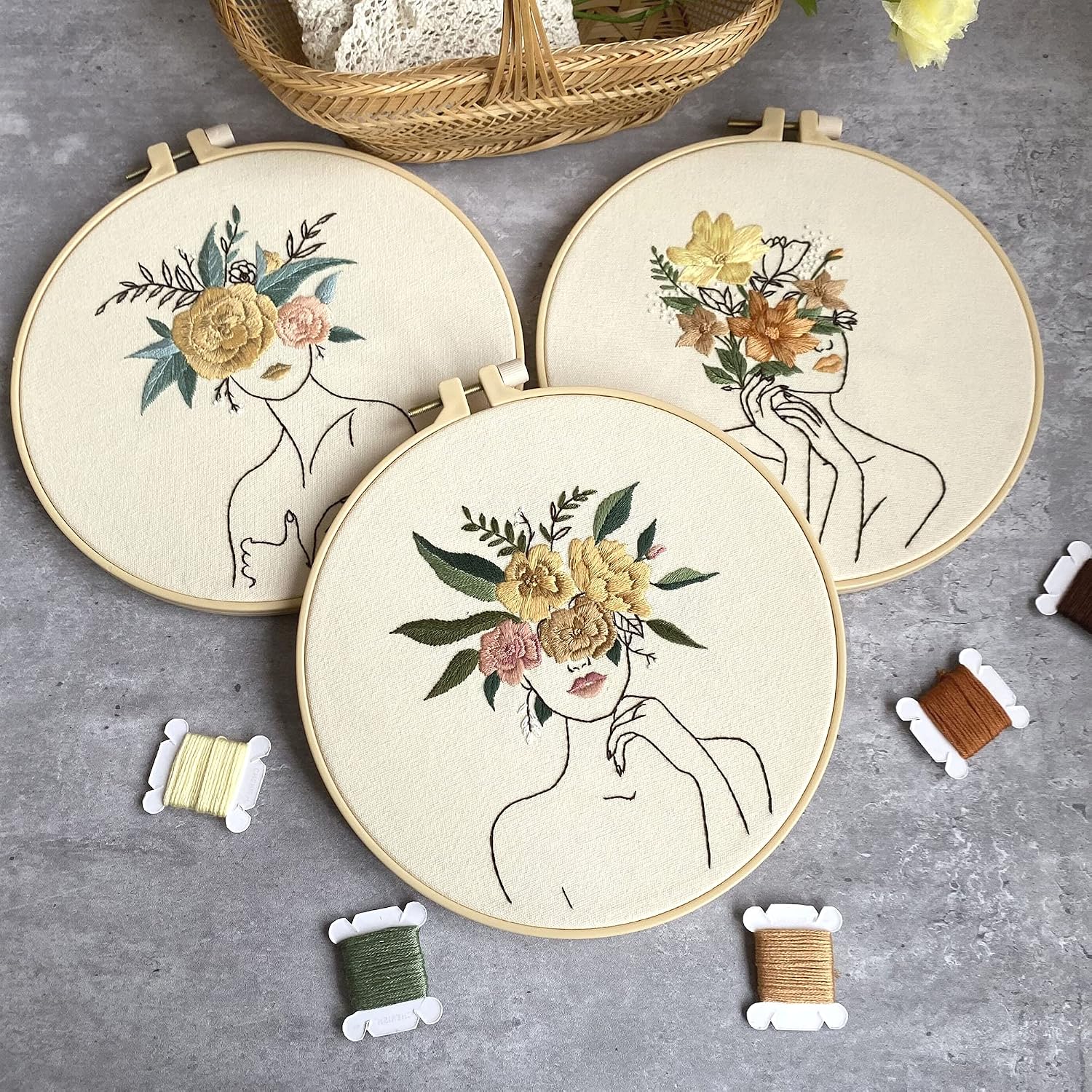 Harimau 3 in Beginner Embroidery Kit,Floral Plant Pattern,Cross Stitch Kits , Including Stamped Embroidery Cloth with 3 Embroidery Hoops, Color Threads and Embroidery Kits