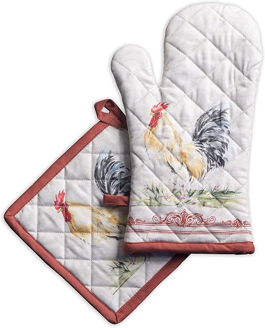 Maison d' Hermine Oven Mitt + Pot Holder 100% Cotton Heat Resistant Kitchen Easter Oven Mitt (19cm x 33cm) & Pot Holder (20cm x 20cm) for Chef, Cooking, BBQ Baking, Grilling, Campagne - Spring/Summer