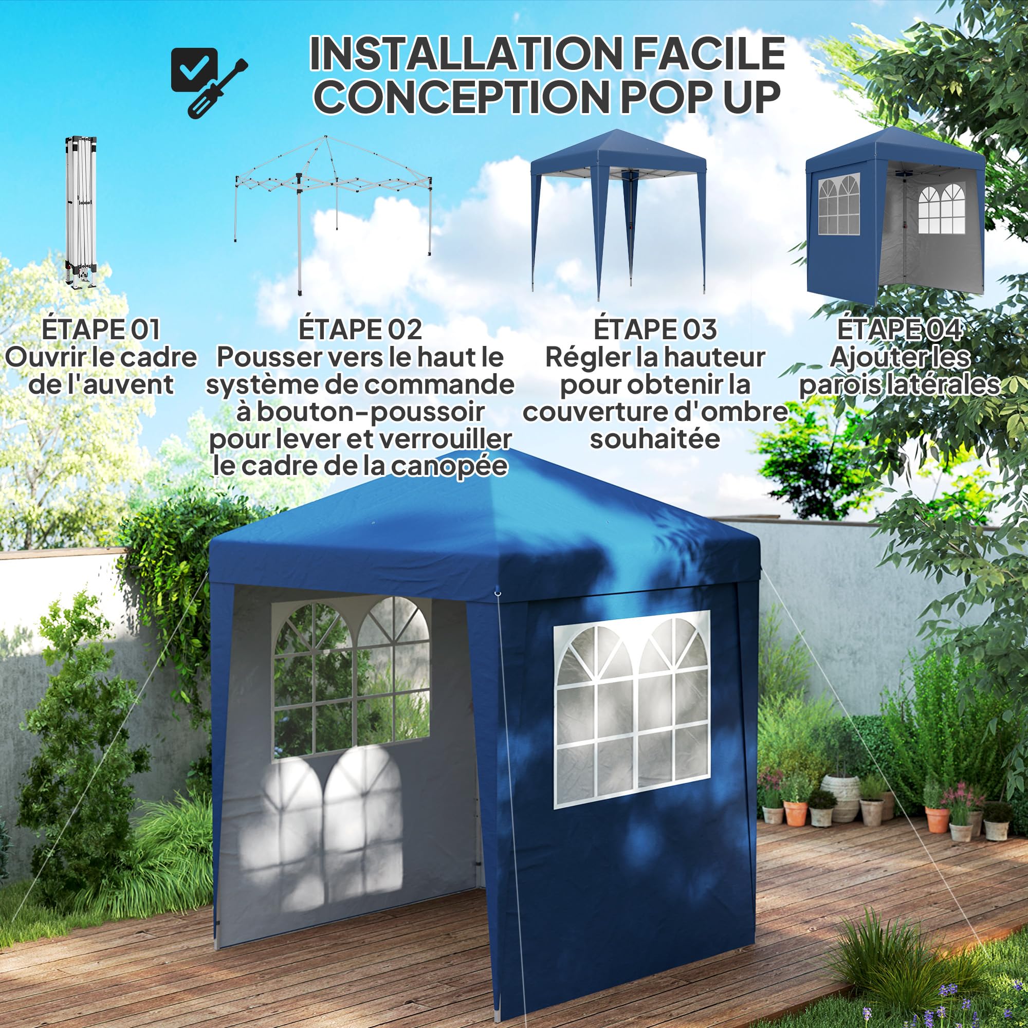 Outsunny Tonnelle de jardin pliante pop-up 2 x 2 m tente de réception hauteur réglable 3 niveaux Anti-UV 30+ 3 parois latérales avec 4 sacs de sable et 1 sac de transport tissu Oxford acier bleu foncé